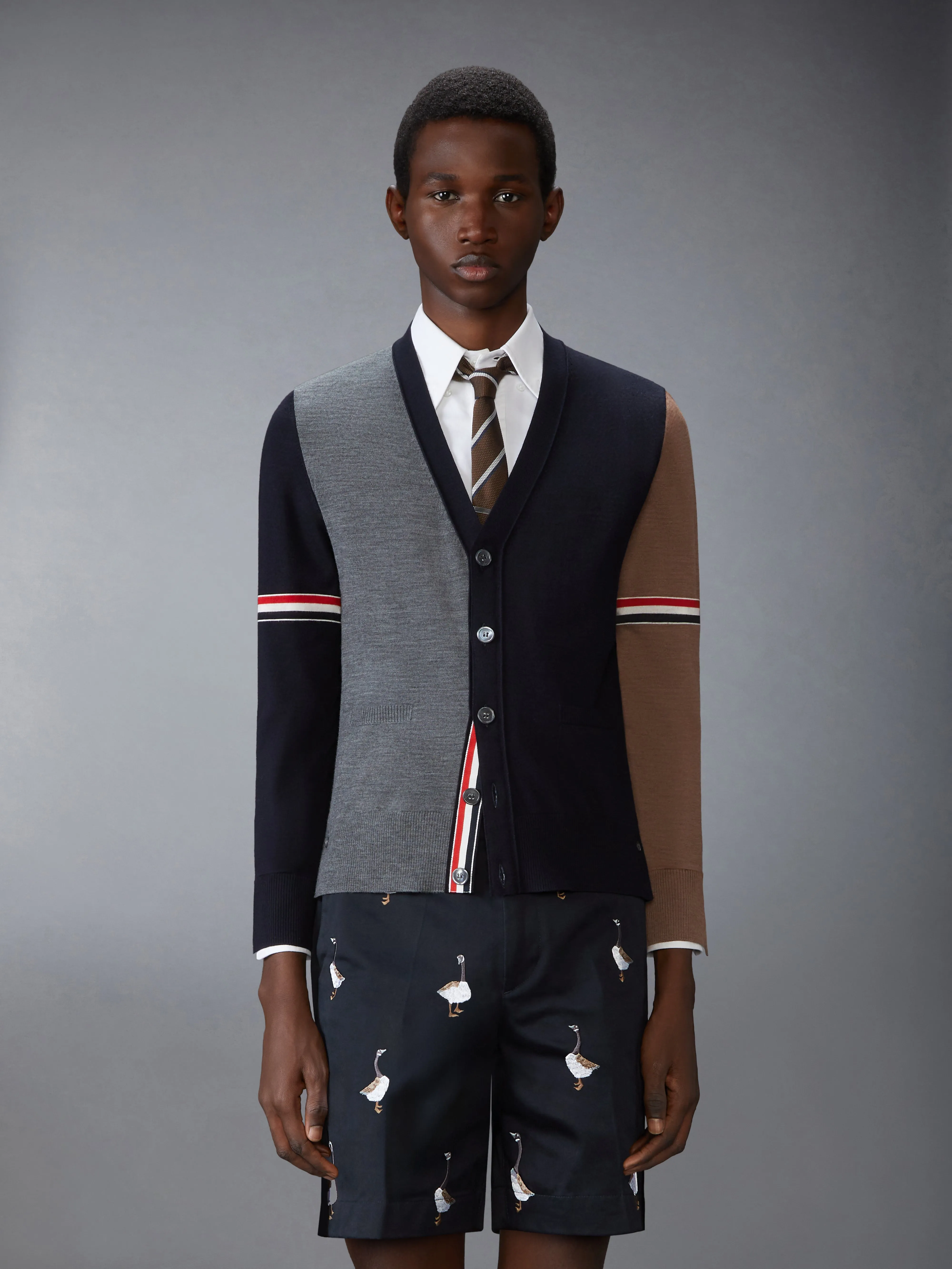 FINE MERINO WOOL FUNMIX V NECK CARDIGAN sold by Thom Browne