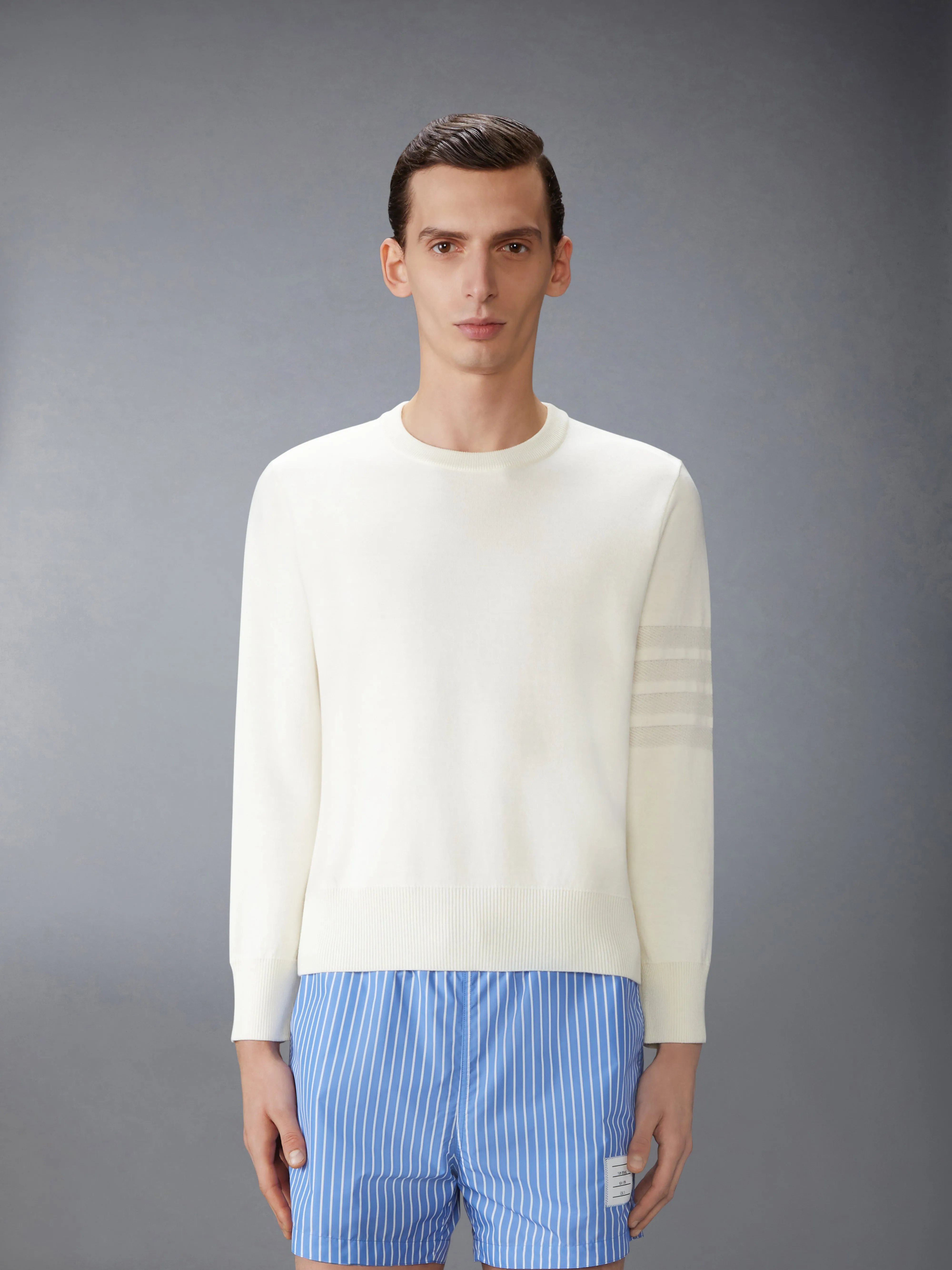 MERINO WOOL DOUBLE FACE 4-BAR CREW NECK PULLOVER sold by Thom Browne