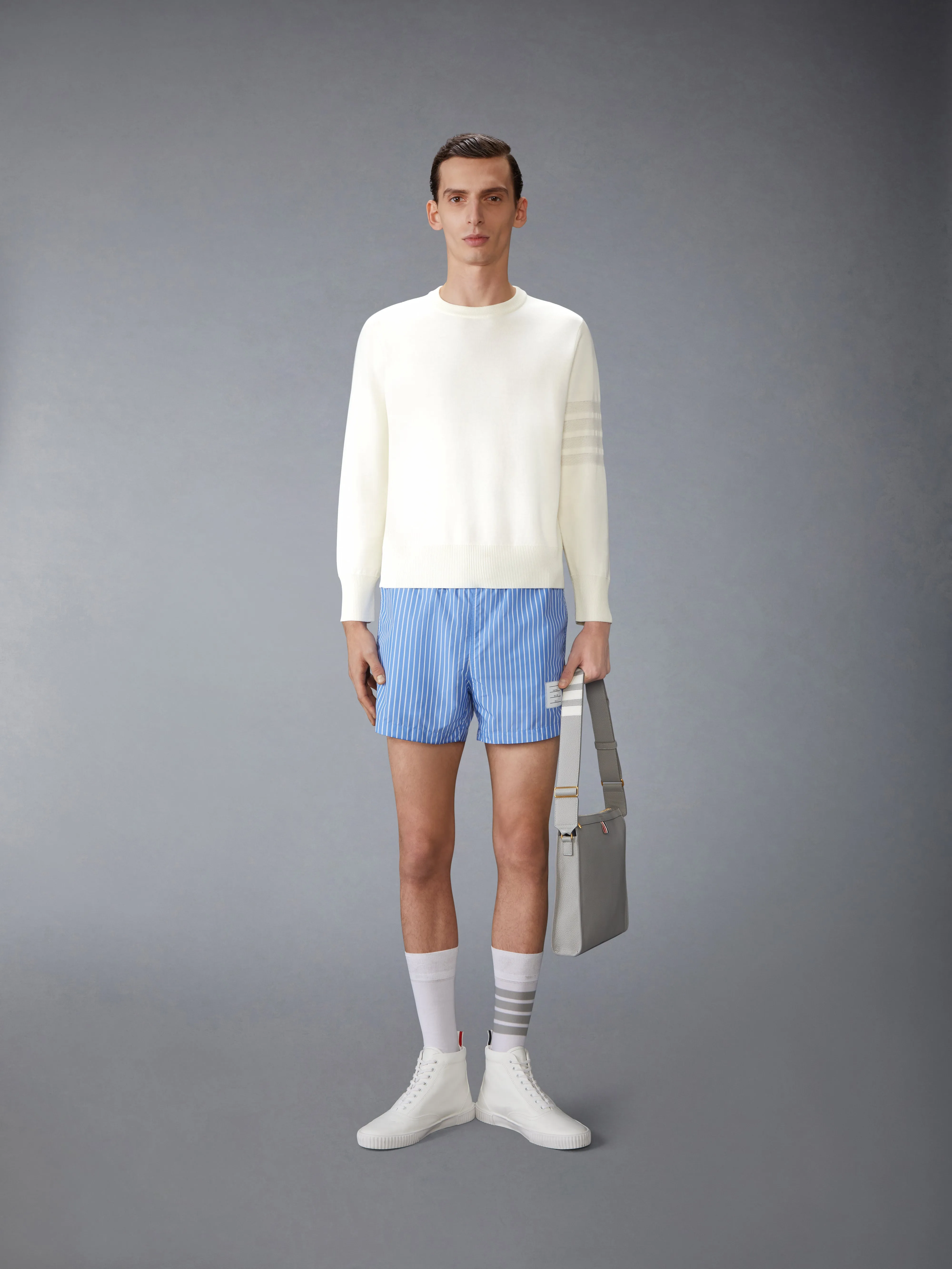 MERINO WOOL DOUBLE FACE 4-BAR CREW NECK PULLOVER sold by Thom Browne product image thumbnail 3