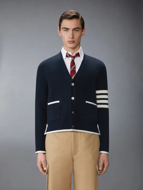 MILANO STITCH MERINO WOOL 4-BAR V NECK CARDIGAN sold by Thom Browne