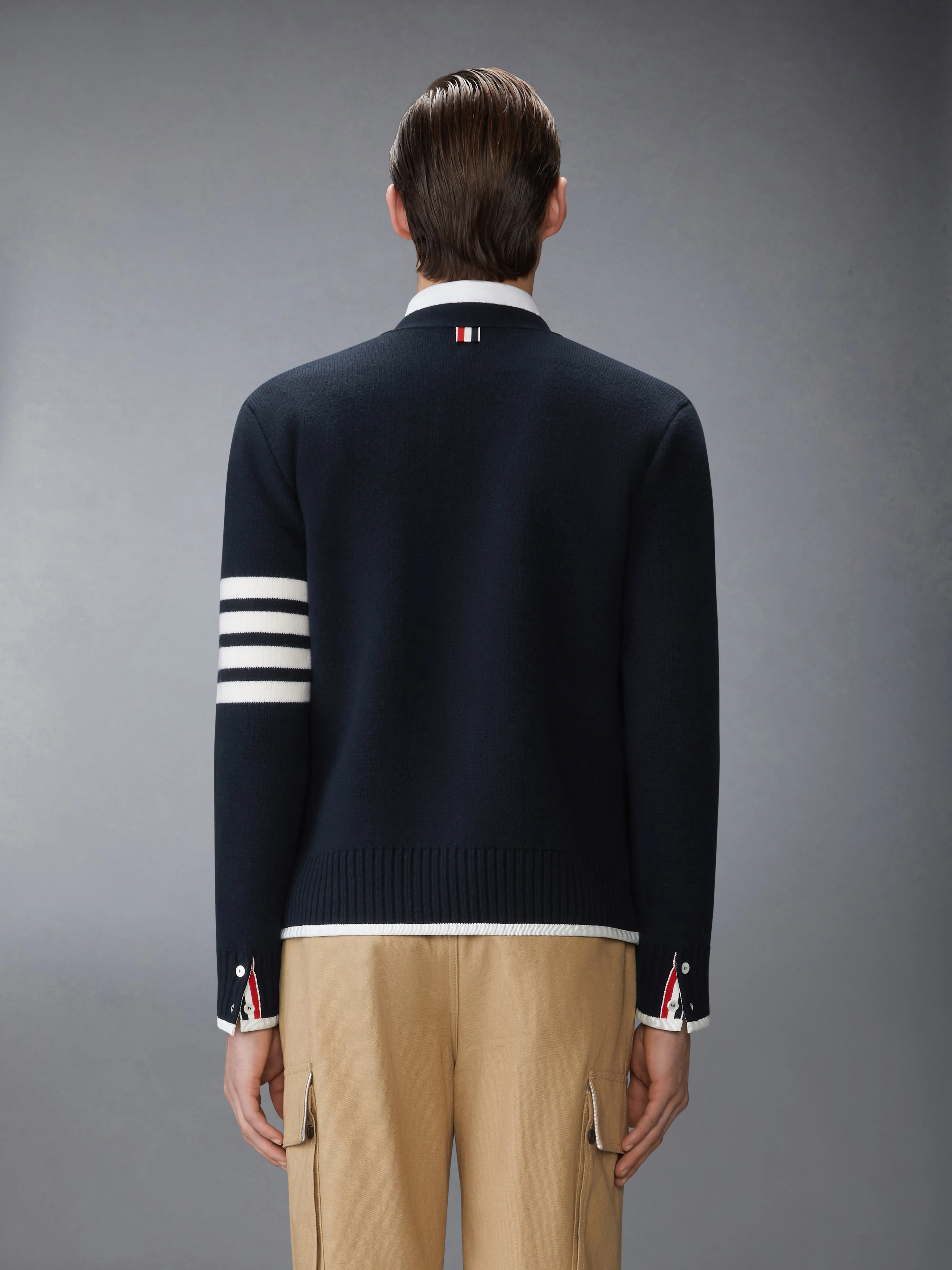 MILANO STITCH MERINO WOOL 4-BAR V NECK CARDIGAN sold by Thom Browne product image thumbnail 2