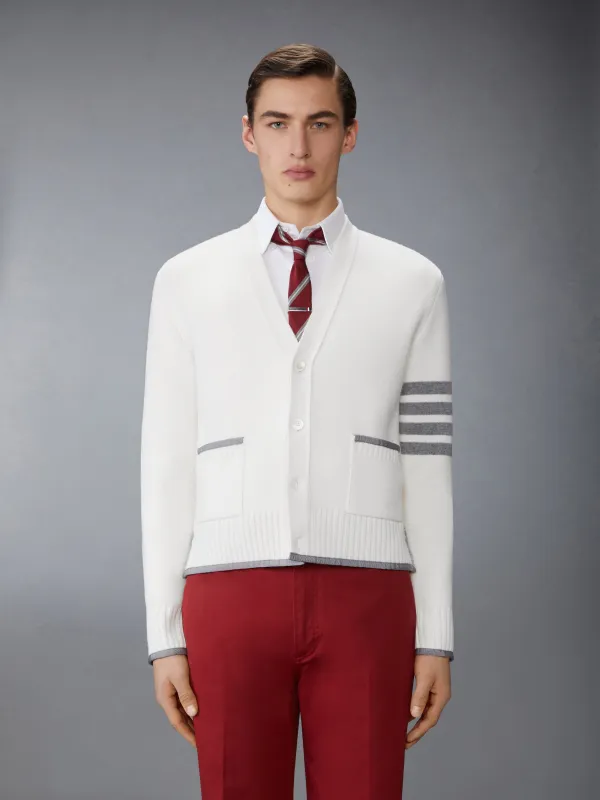 MILANO STITCH MERINO WOOL 4-BAR V NECK CARDIGAN sold by Thom Browne
