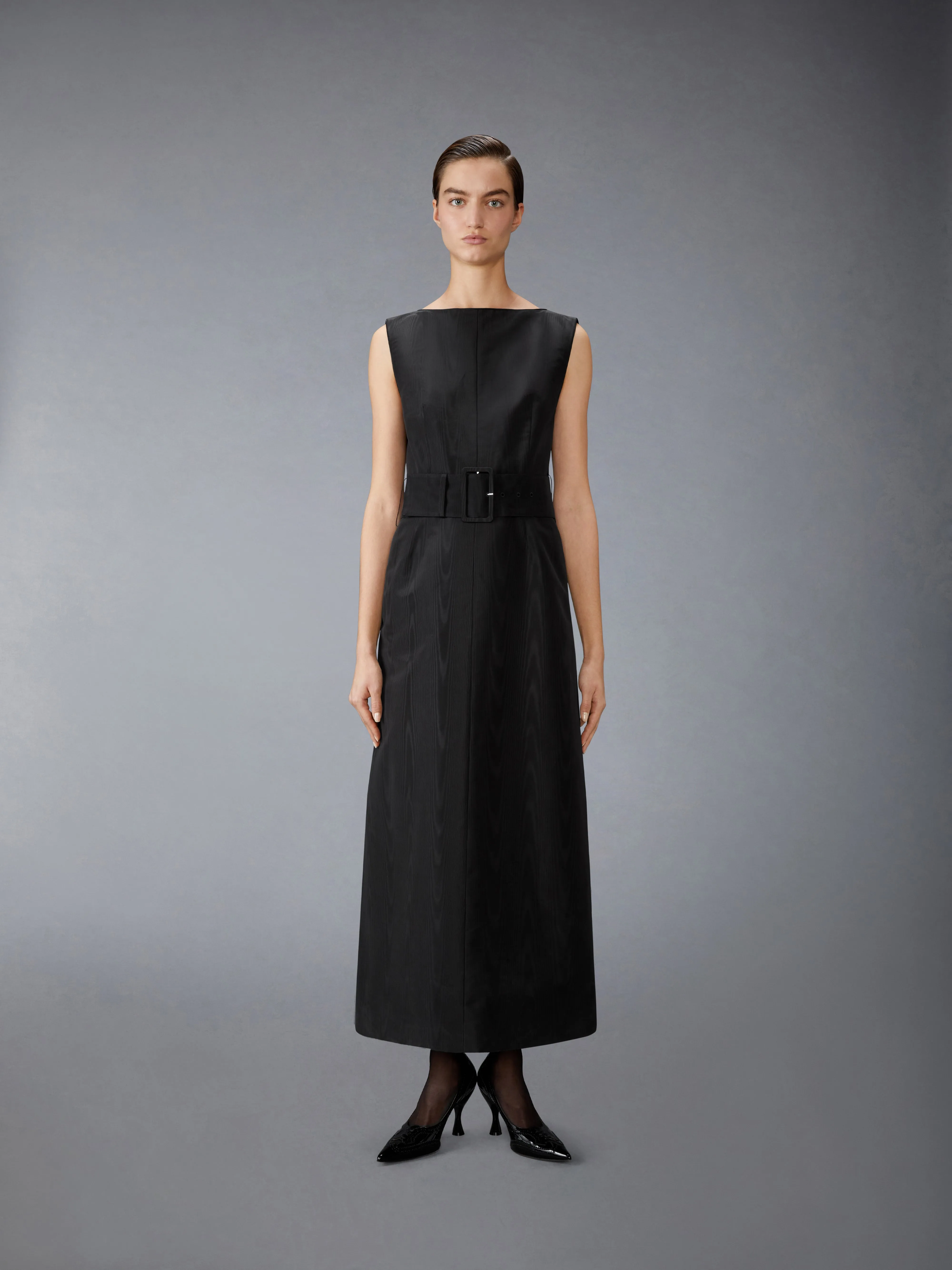 SILK MOIRE BOAT NECK COLUMN DRESS sold by Thom Browne