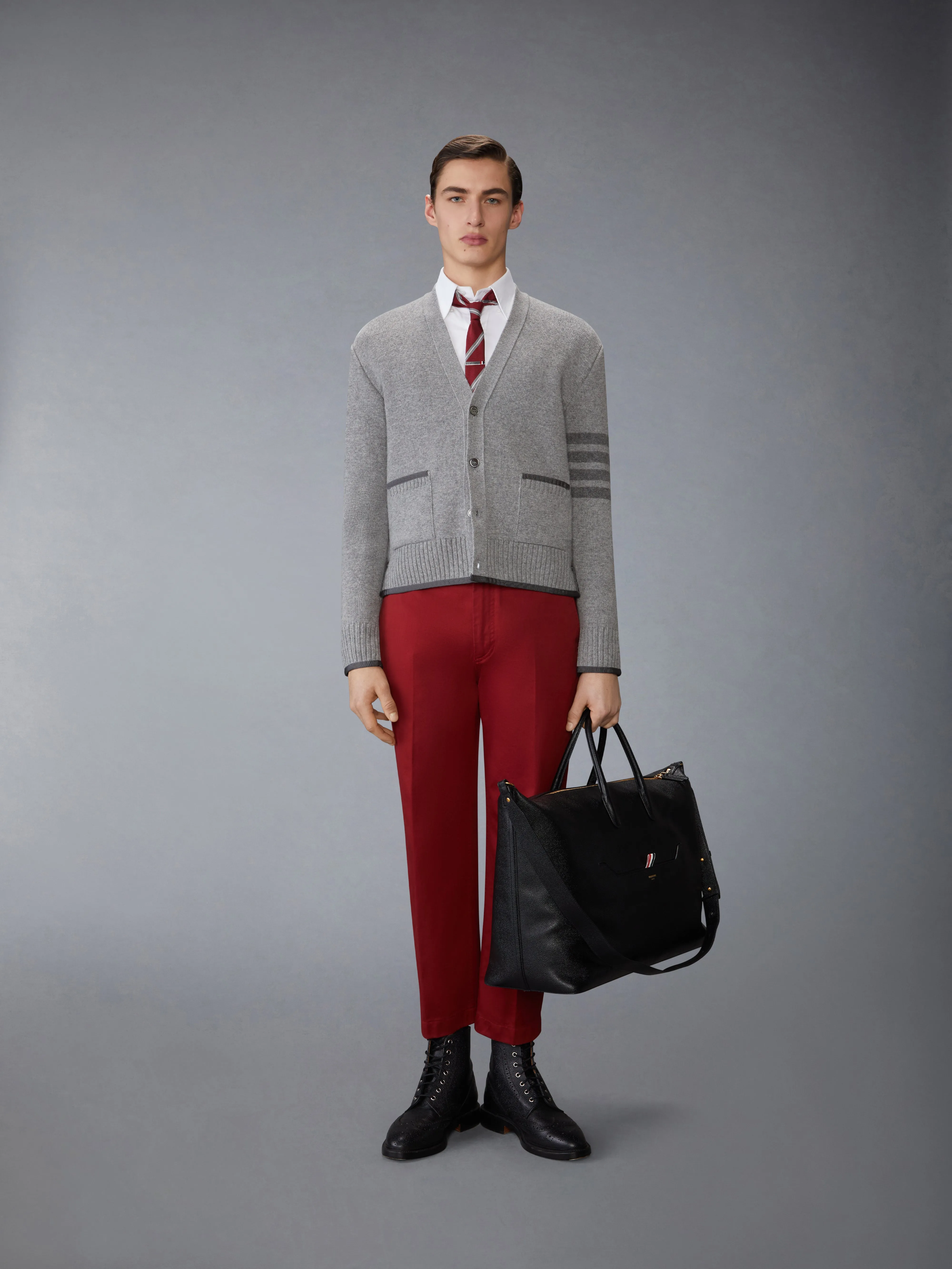 MILANO STITCH MERINO WOOL 4-BAR V NECK CARDIGAN sold by Thom Browne product image thumbnail 3