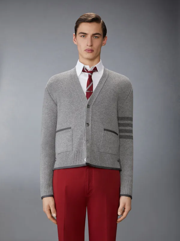 MILANO STITCH MERINO WOOL 4-BAR V NECK CARDIGAN sold by Thom Browne