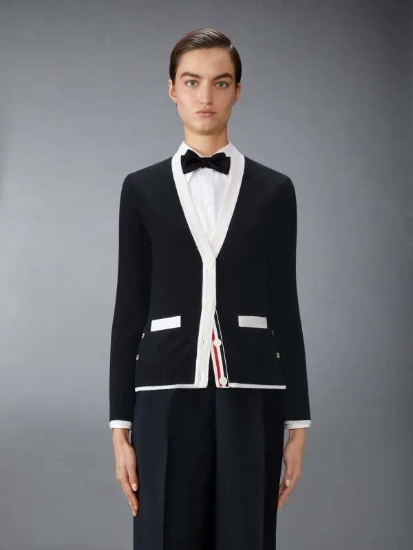 JERSEY STITCH CASHMERE V NECK CARDIGAN sold by Thom Browne