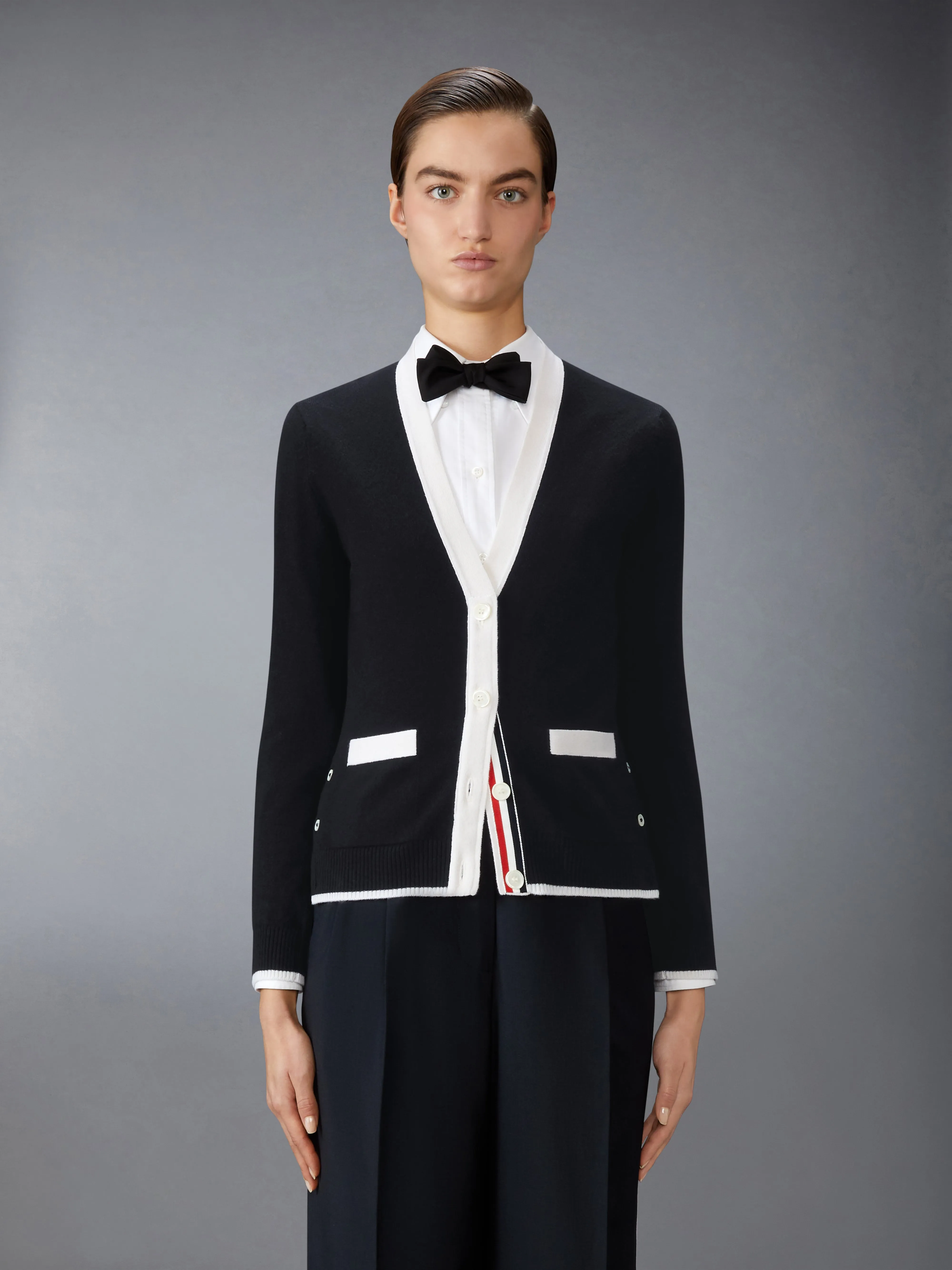 JERSEY STITCH CASHMERE V NECK CARDIGAN sold by Thom Browne