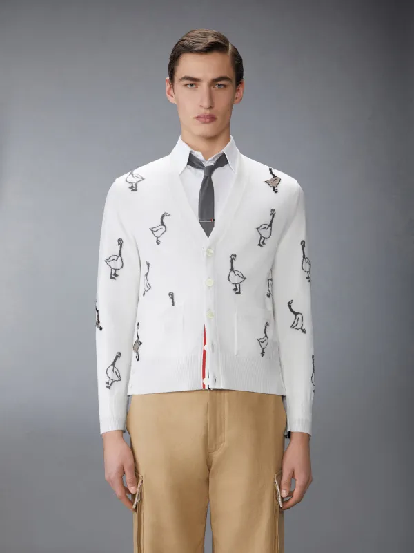 GEESE INTARSIA MERINO WOOL RELAXED FIT V NECK CARDIGAN sold by Thom Browne