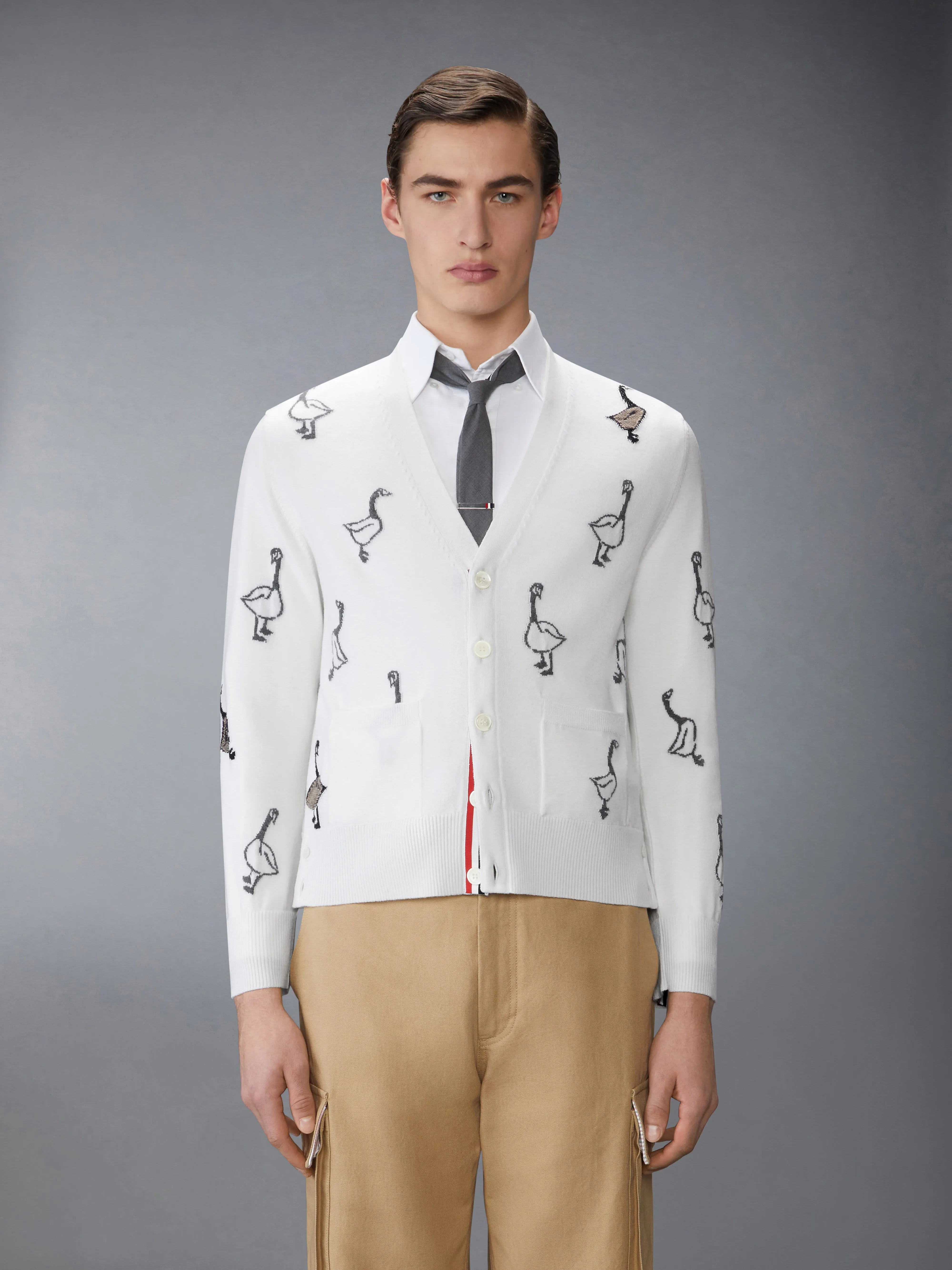 GEESE INTARSIA MERINO WOOL RELAXED FIT V NECK CARDIGAN sold by Thom Browne
