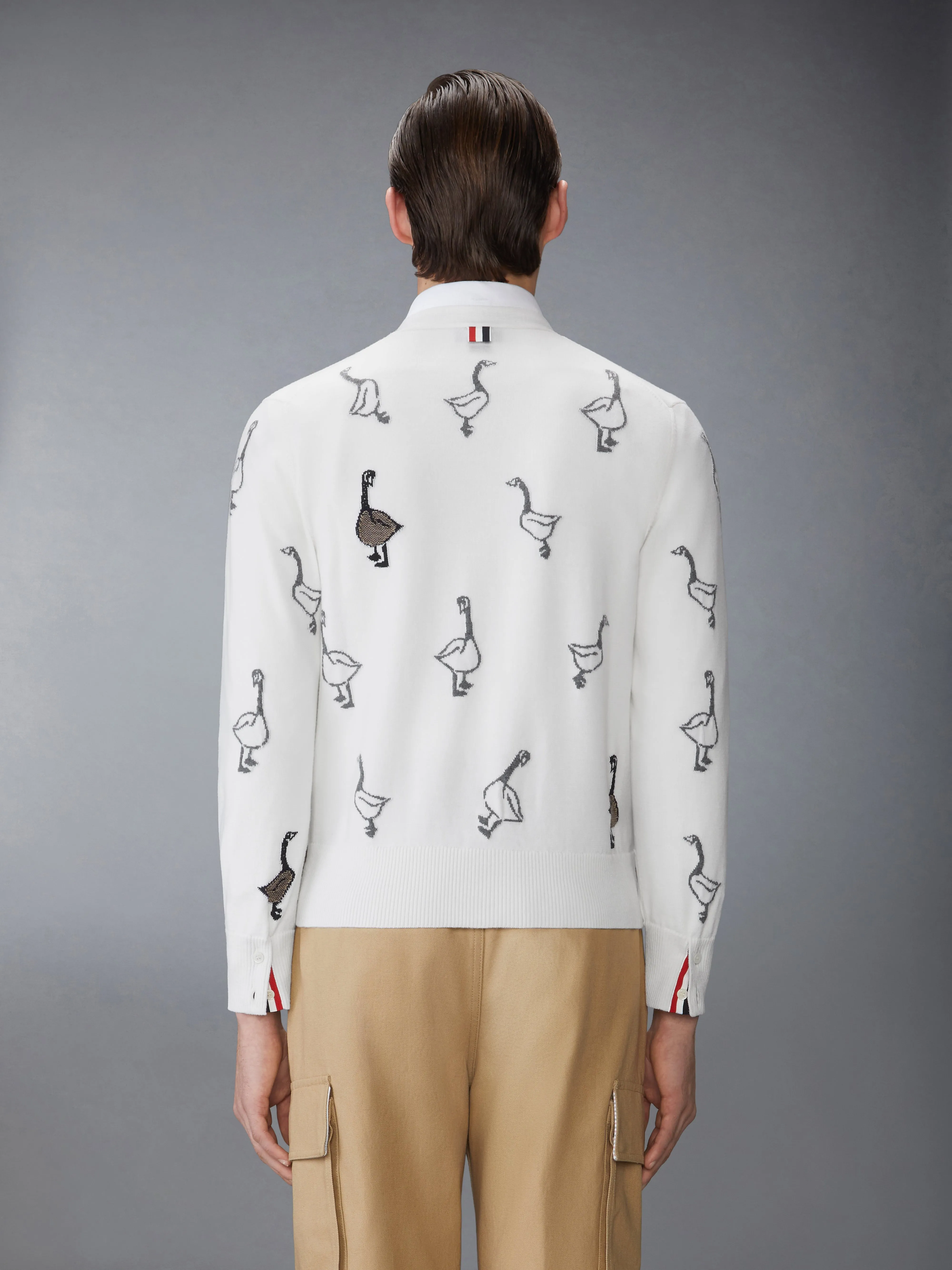 GEESE INTARSIA MERINO WOOL RELAXED FIT V NECK CARDIGAN sold by Thom Browne product image thumbnail 2