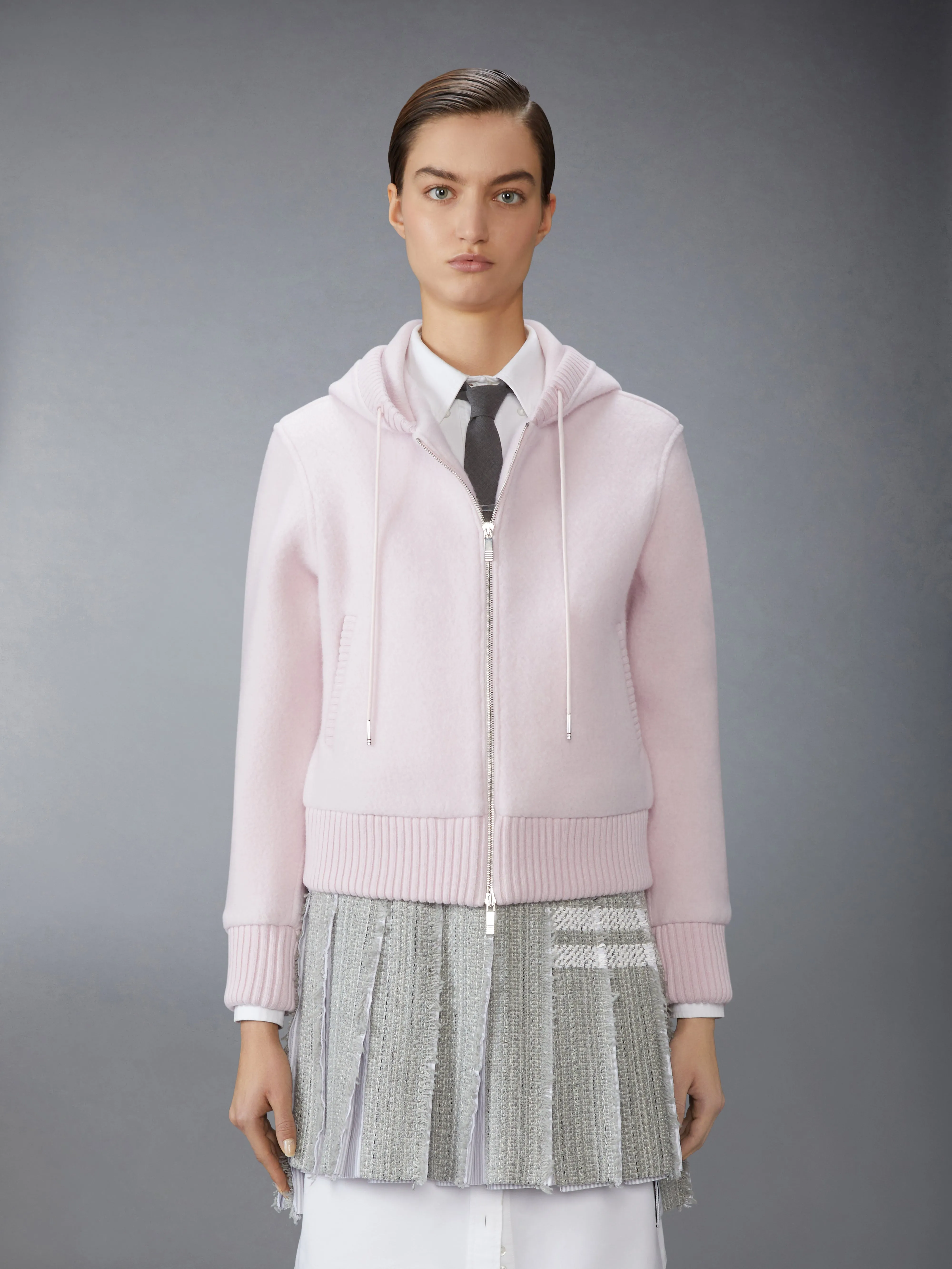 WOOL FLEECE ZIP UP HOODIE sold by Thom Browne
