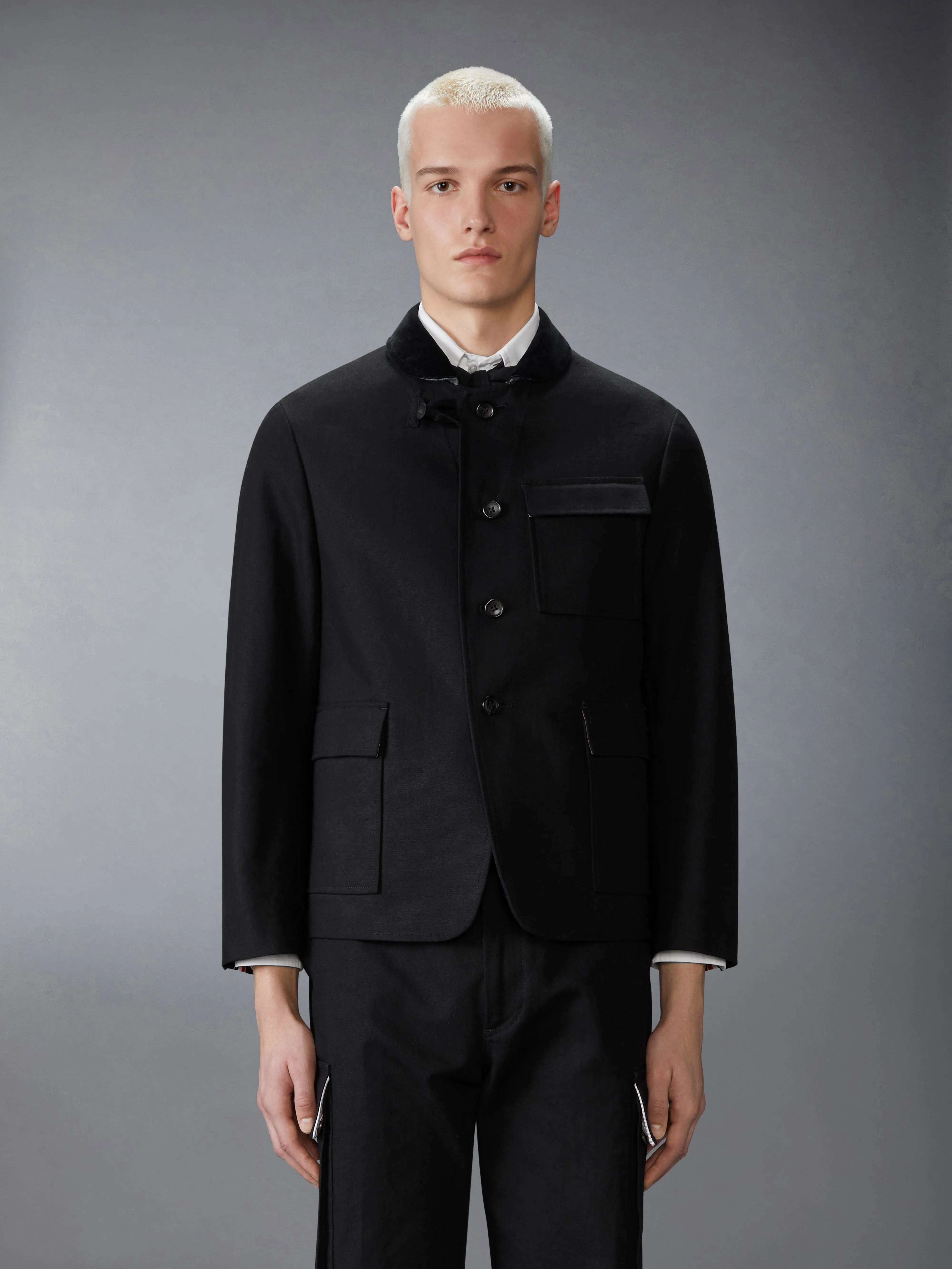 COTTON CANVAS FISHERMAN SHAWL SPORTCOAT sold by Thom Browne