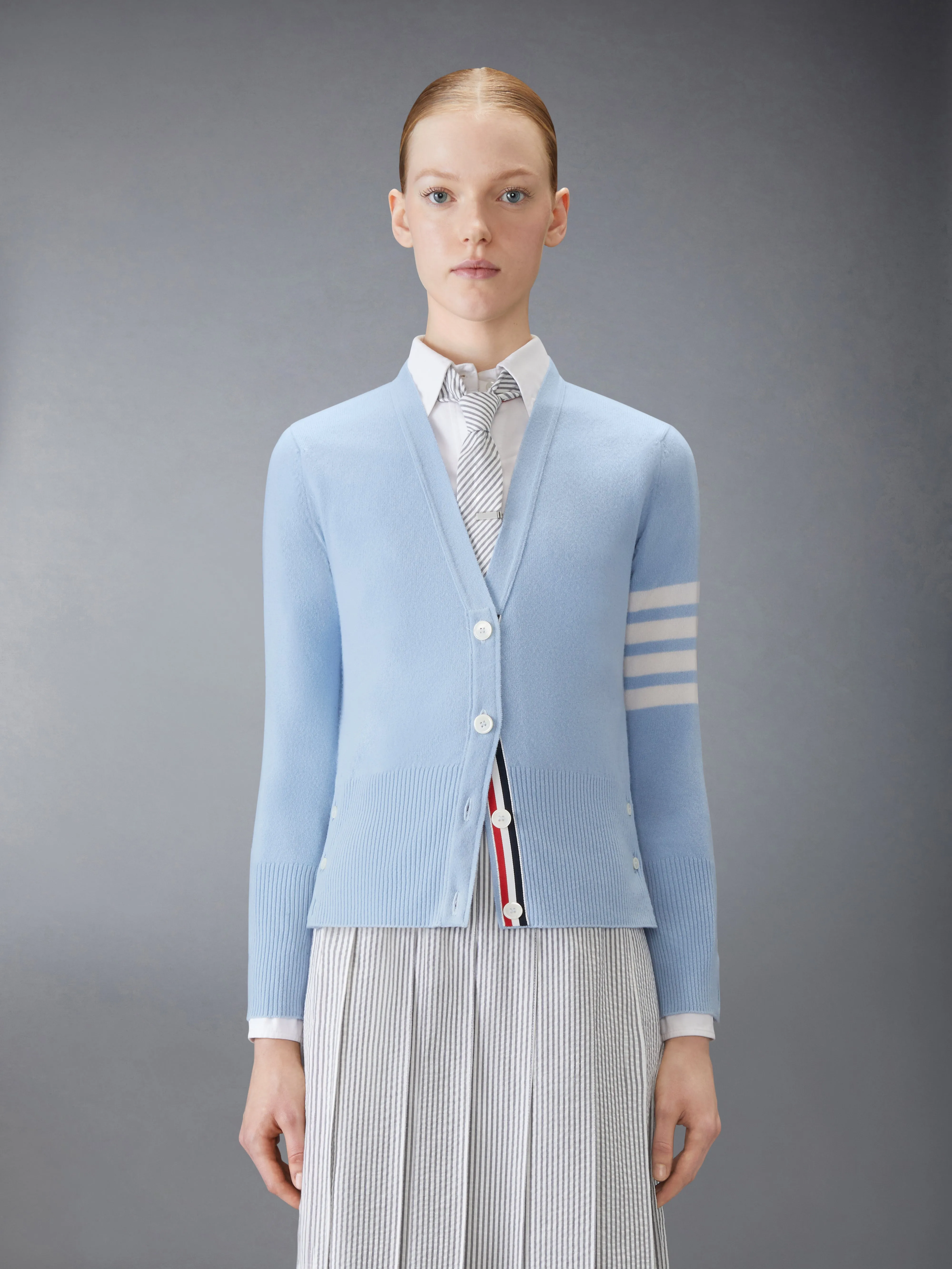 CLASSIC CASHMERE 4-BAR V-NECK CARDIGAN sold by Thom Browne