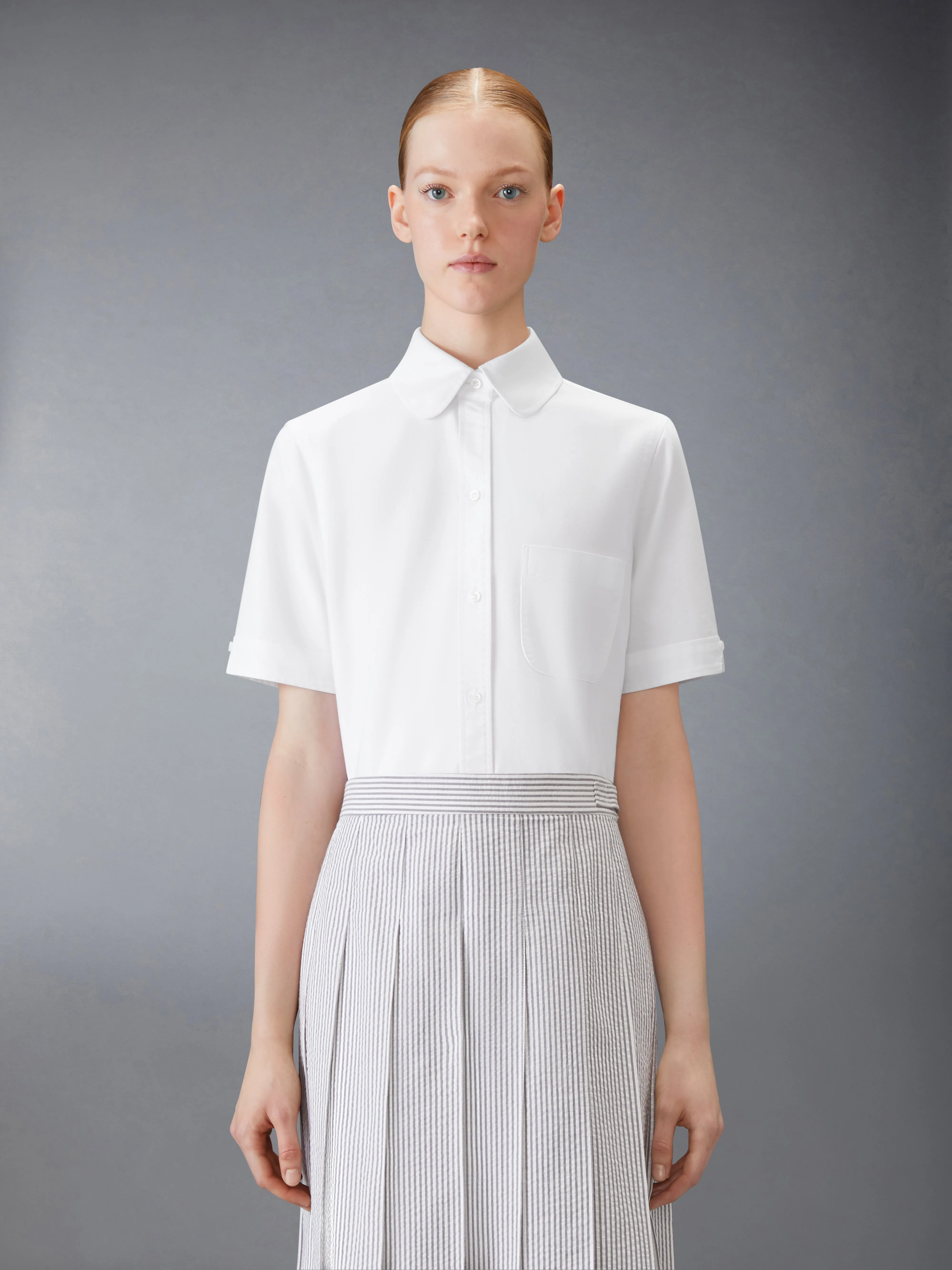 OXFORD ROUND COLLAR SHORT SLEEVE SHIRT sold by Thom Browne