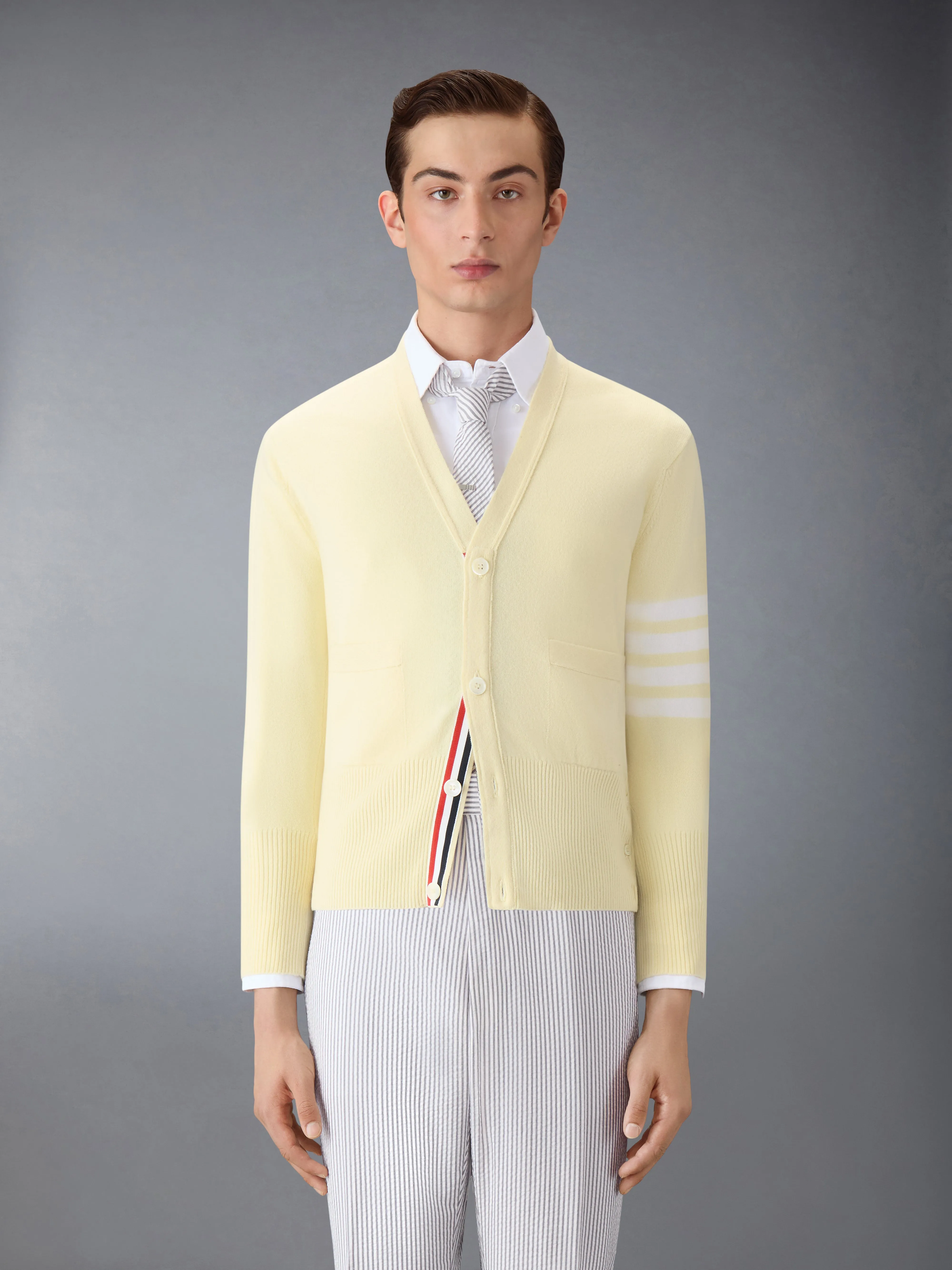CLASSIC CASHMERE 4-BAR V-NECK CARDIGAN sold by Thom Browne
