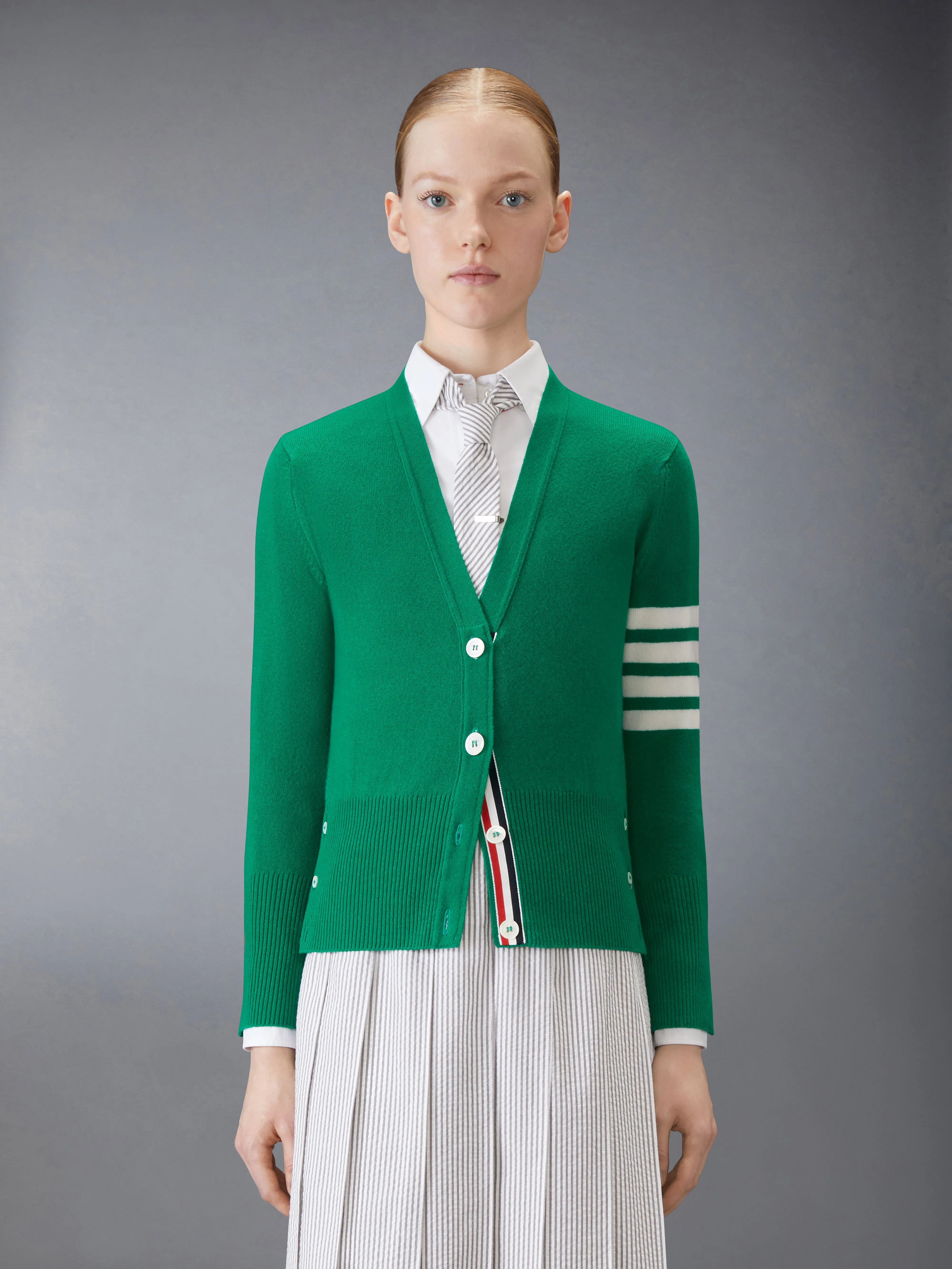 CLASSIC CASHMERE 4-BAR V-NECK CARDIGAN sold by Thom Browne