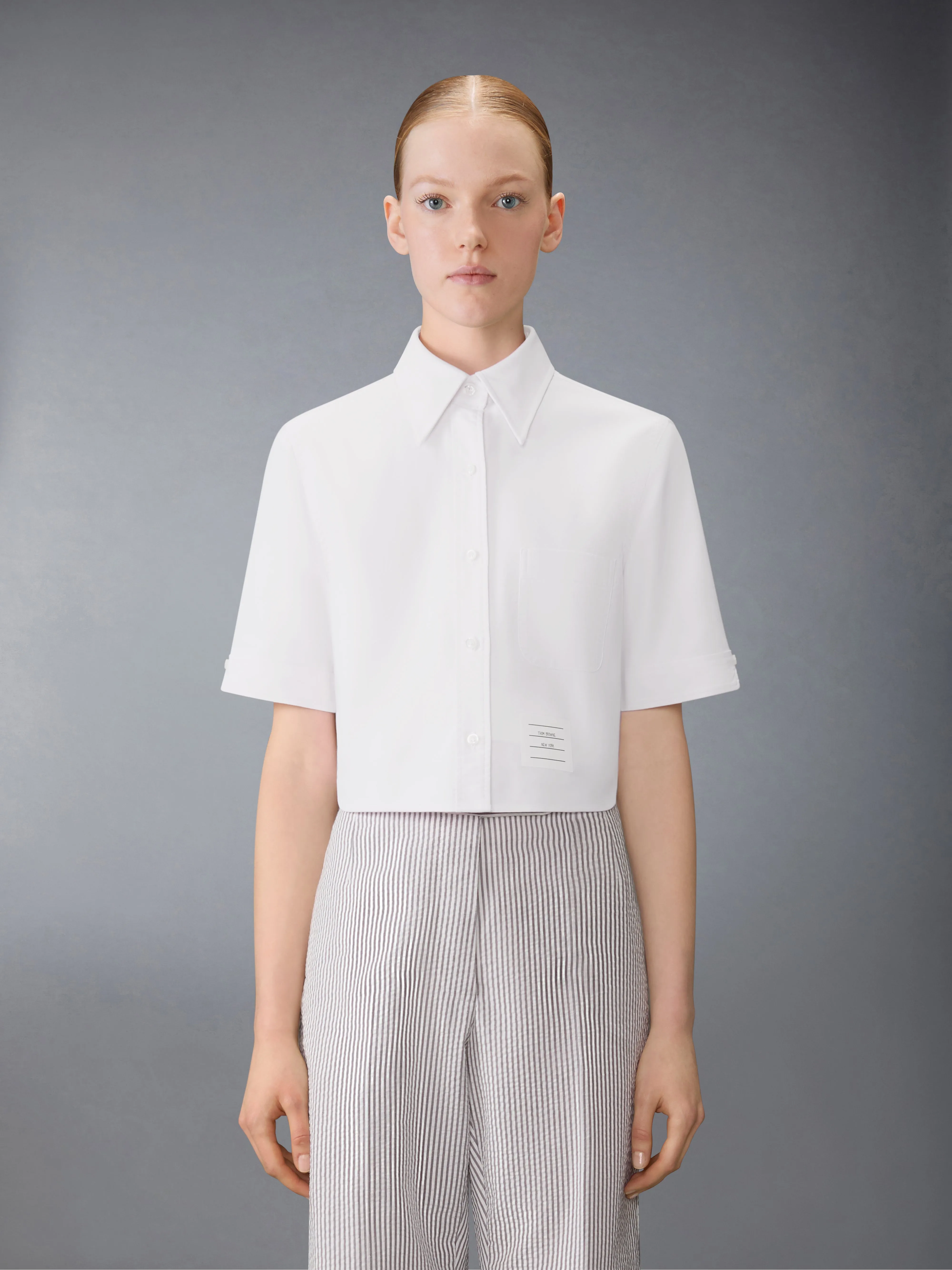 OXFORD CROPPED SHORT SLEEVE SHIRT sold by Thom Browne
