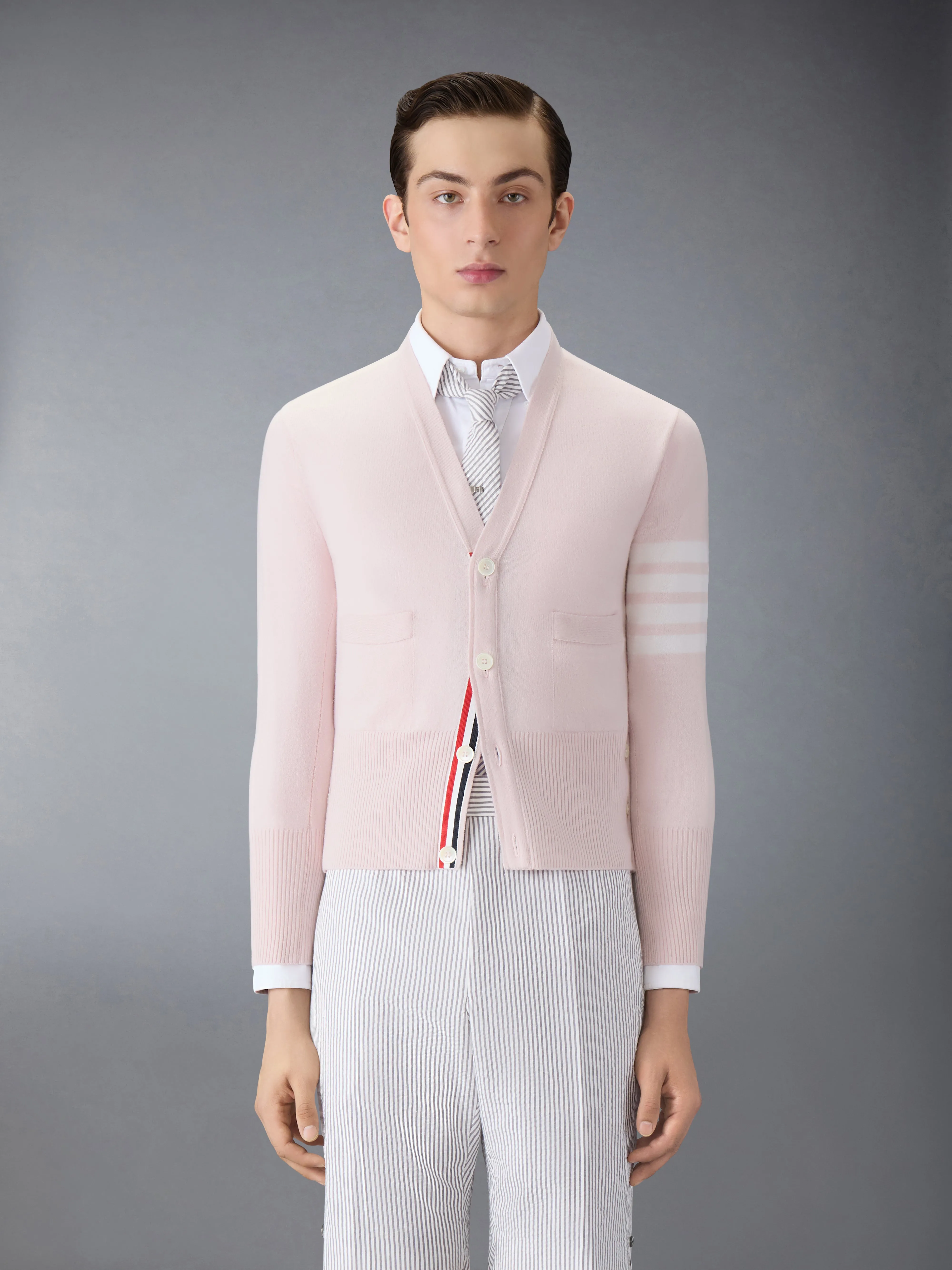 CLASSIC CASHMERE 4-BAR V-NECK CARDIGAN sold by Thom Browne