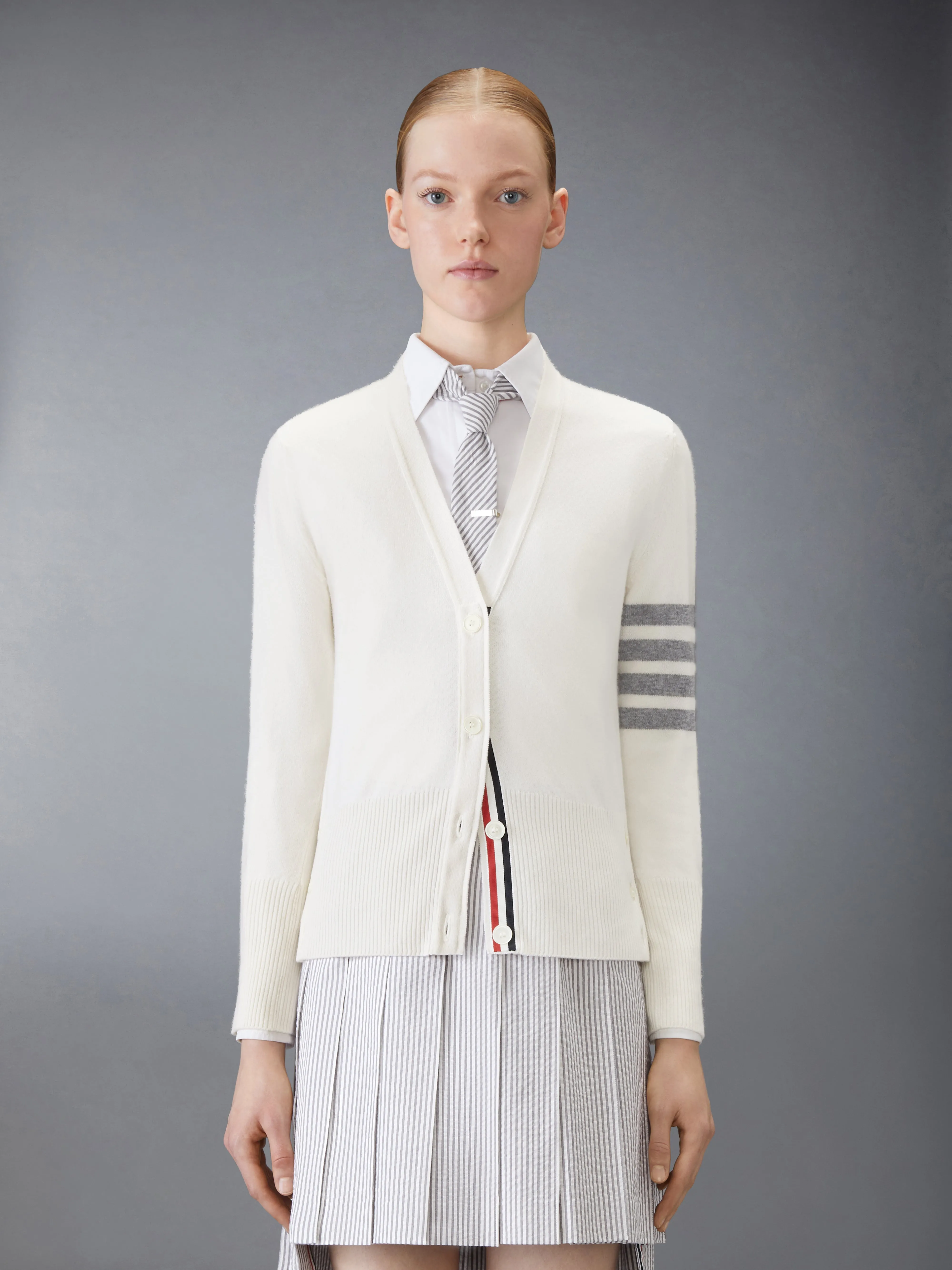 CLASSIC CASHMERE 4-BAR V-NECK CARDIGAN sold by Thom Browne