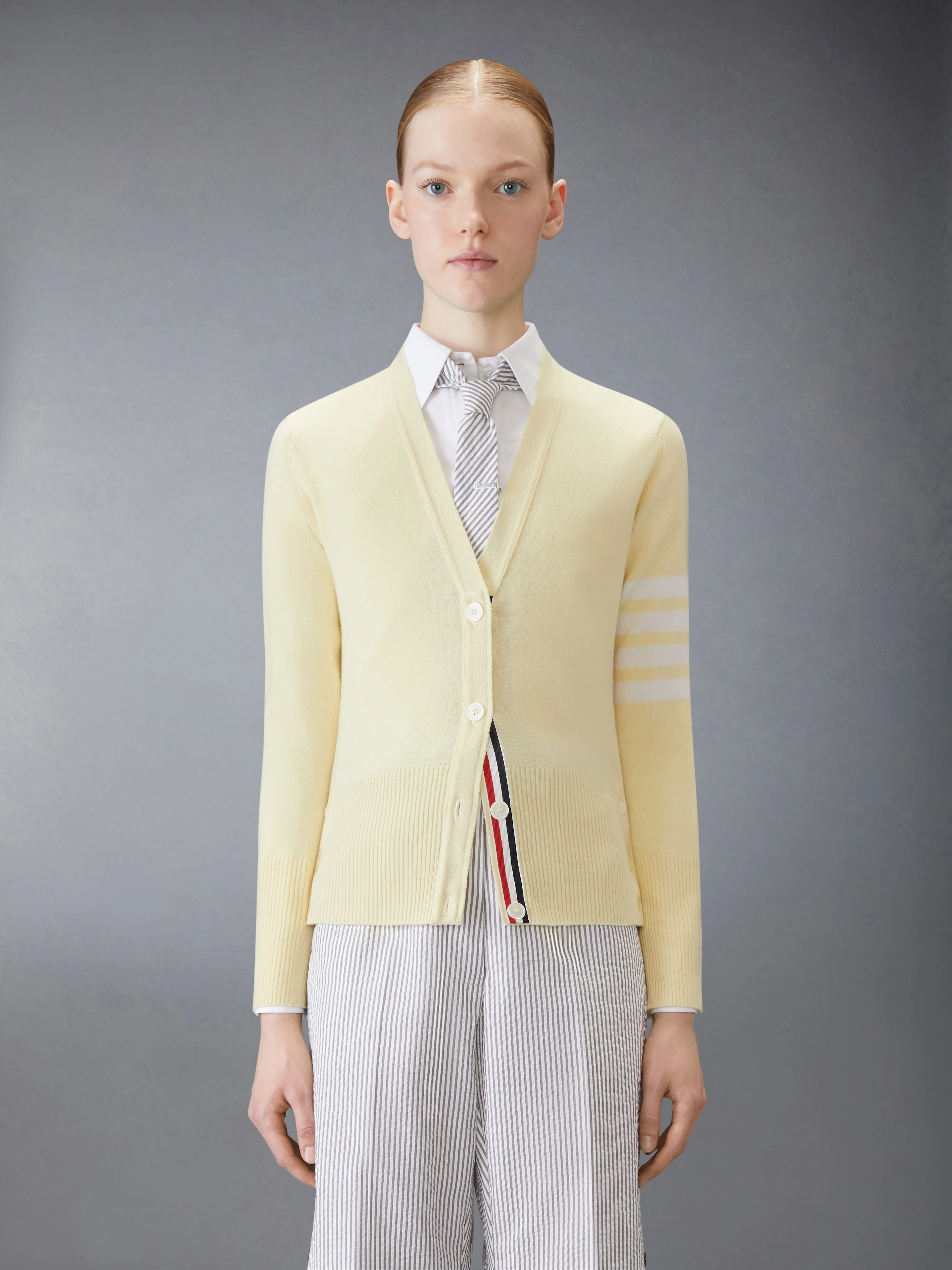 CLASSIC CASHMERE 4-BAR V-NECK CARDIGAN sold by Thom Browne