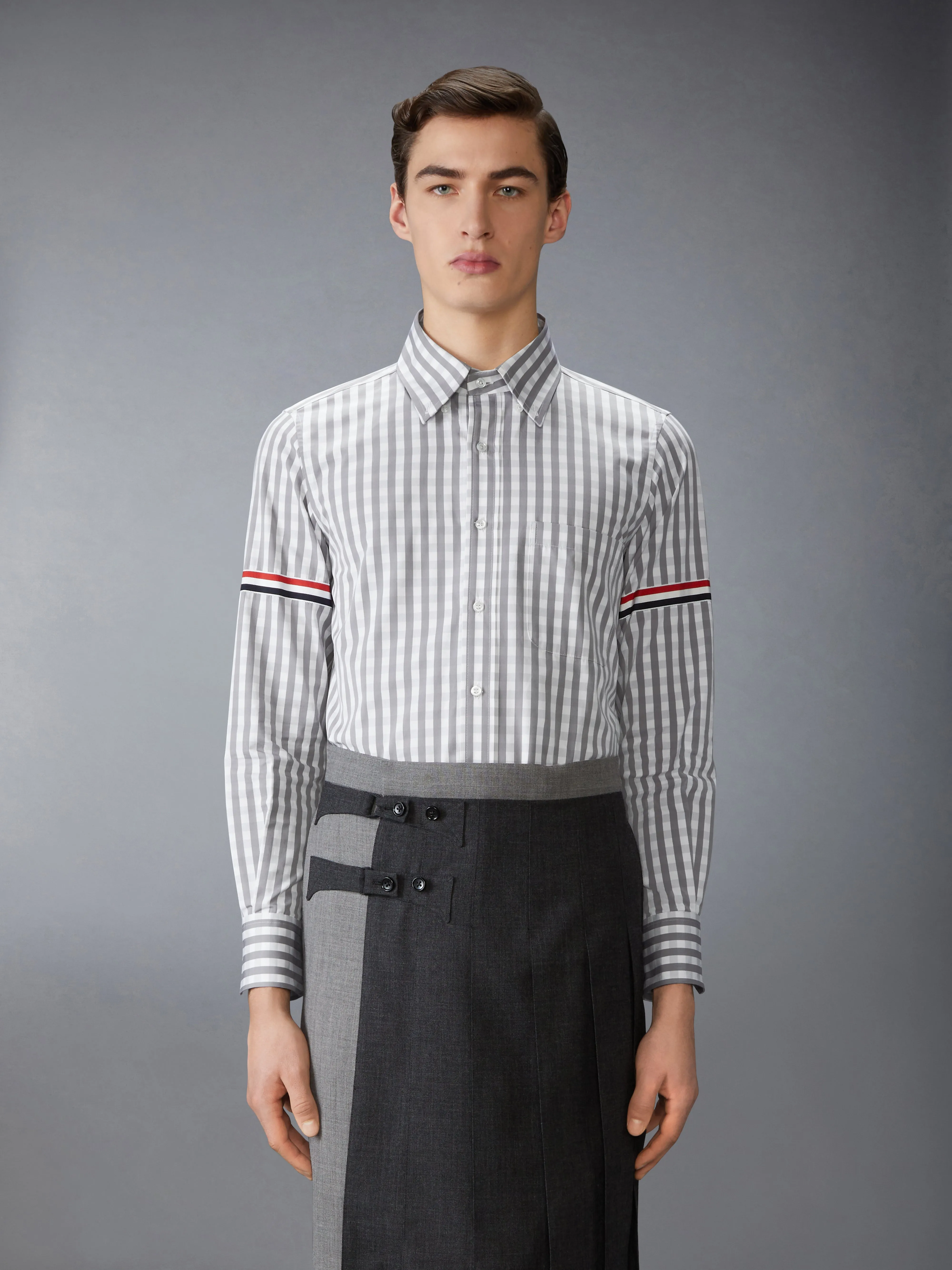GINGHAM CHECK POPLIN ARMBAND SHIRT sold by Thom Browne