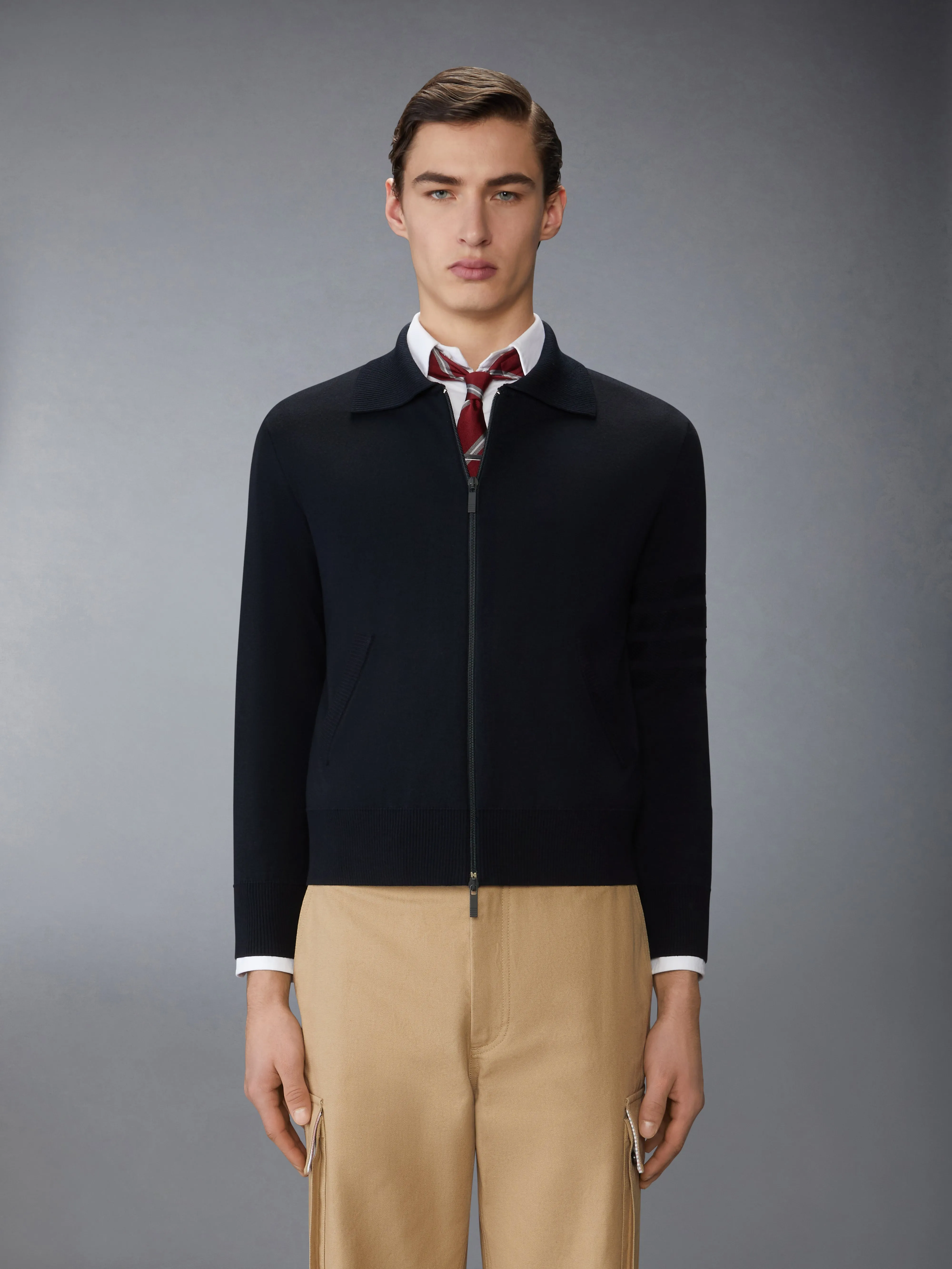 MERINO WOOL DOUBLE FACE 4-BAR ZIP UP CARDIGAN sold by Thom Browne