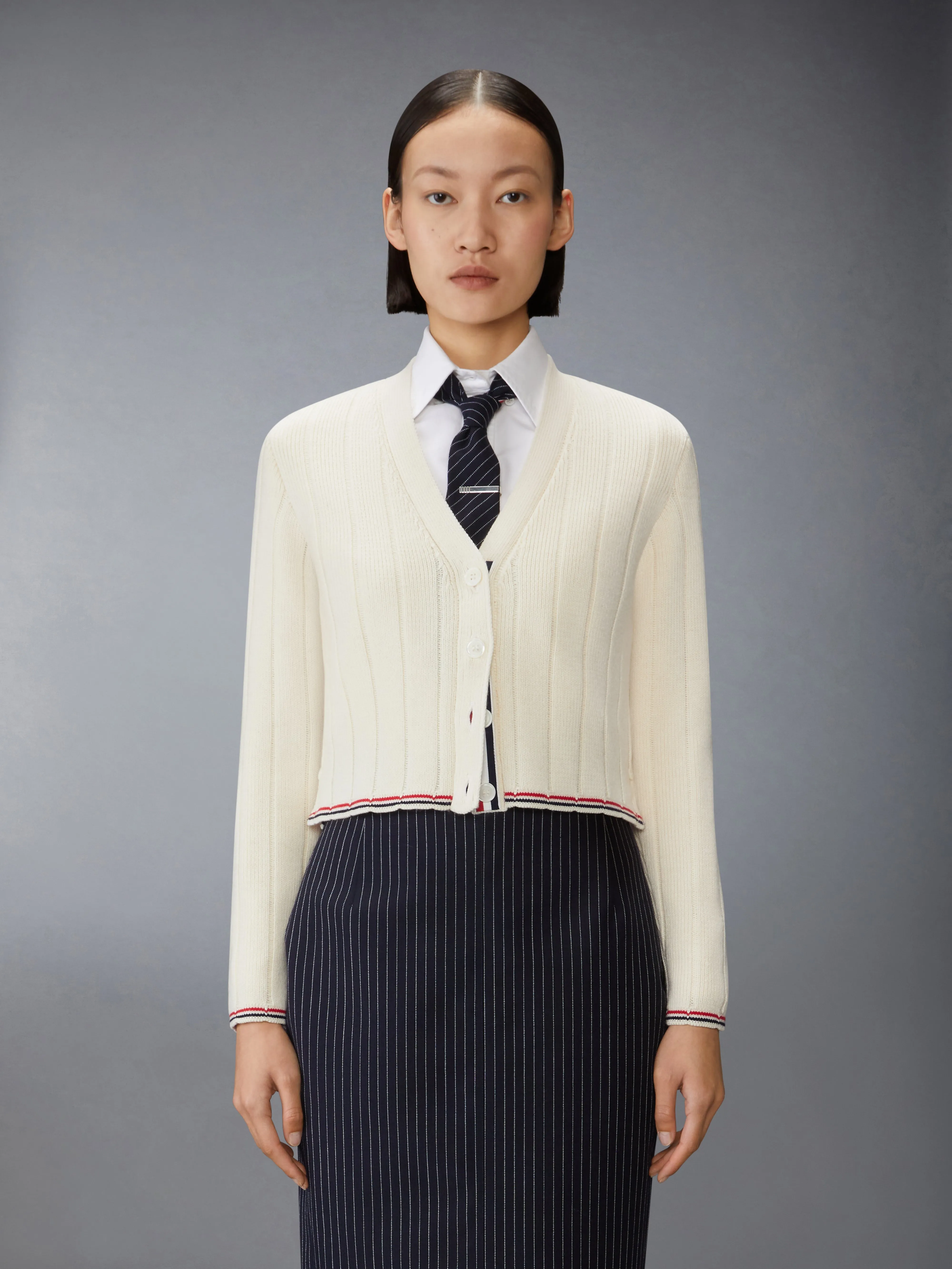MERINO WOOL V NECK CARDIGAN sold by Thom Browne