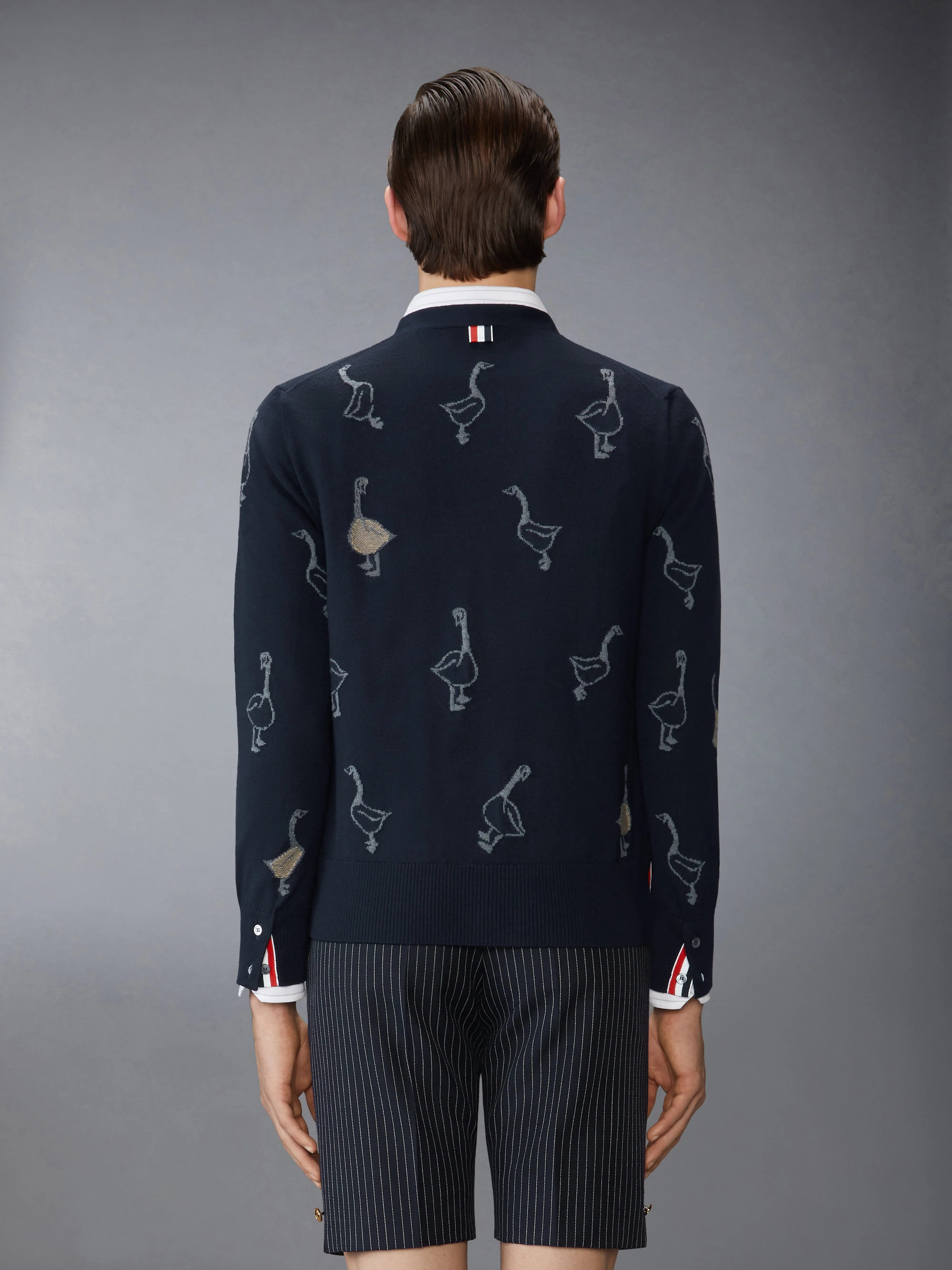 GEESE INTARSIA MERINO WOOL RELAXED FIT V NECK CARDIGAN sold by Thom Browne product image thumbnail 2
