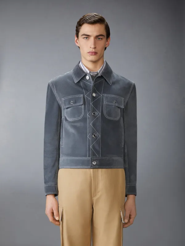 CONTRAST STITCH SUEDE UTILITY JACKET sold by Thom Browne