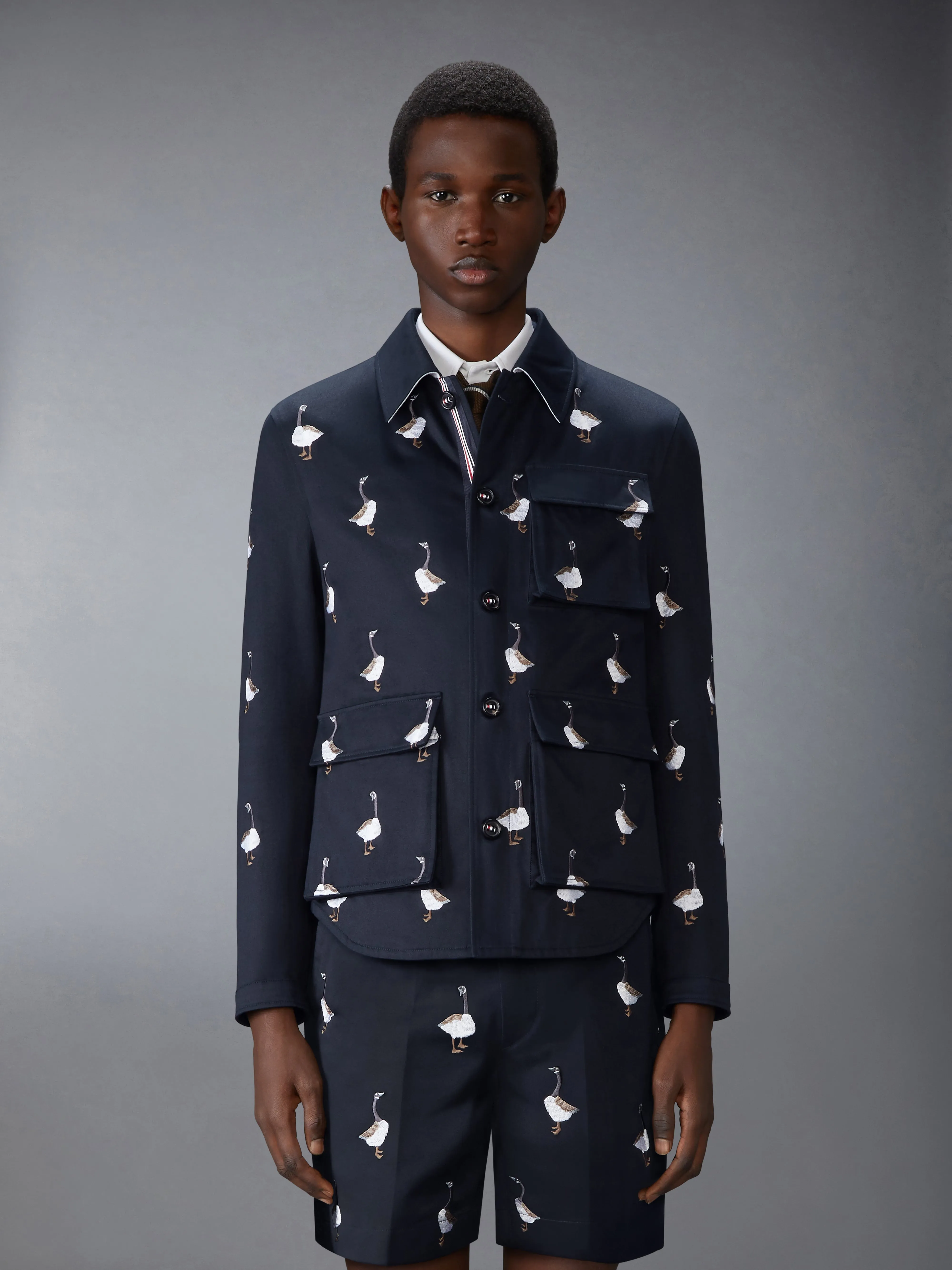 SATIN STITCH GOOSE UTILITY PATCH POCKET JACKET sold by Thom Browne