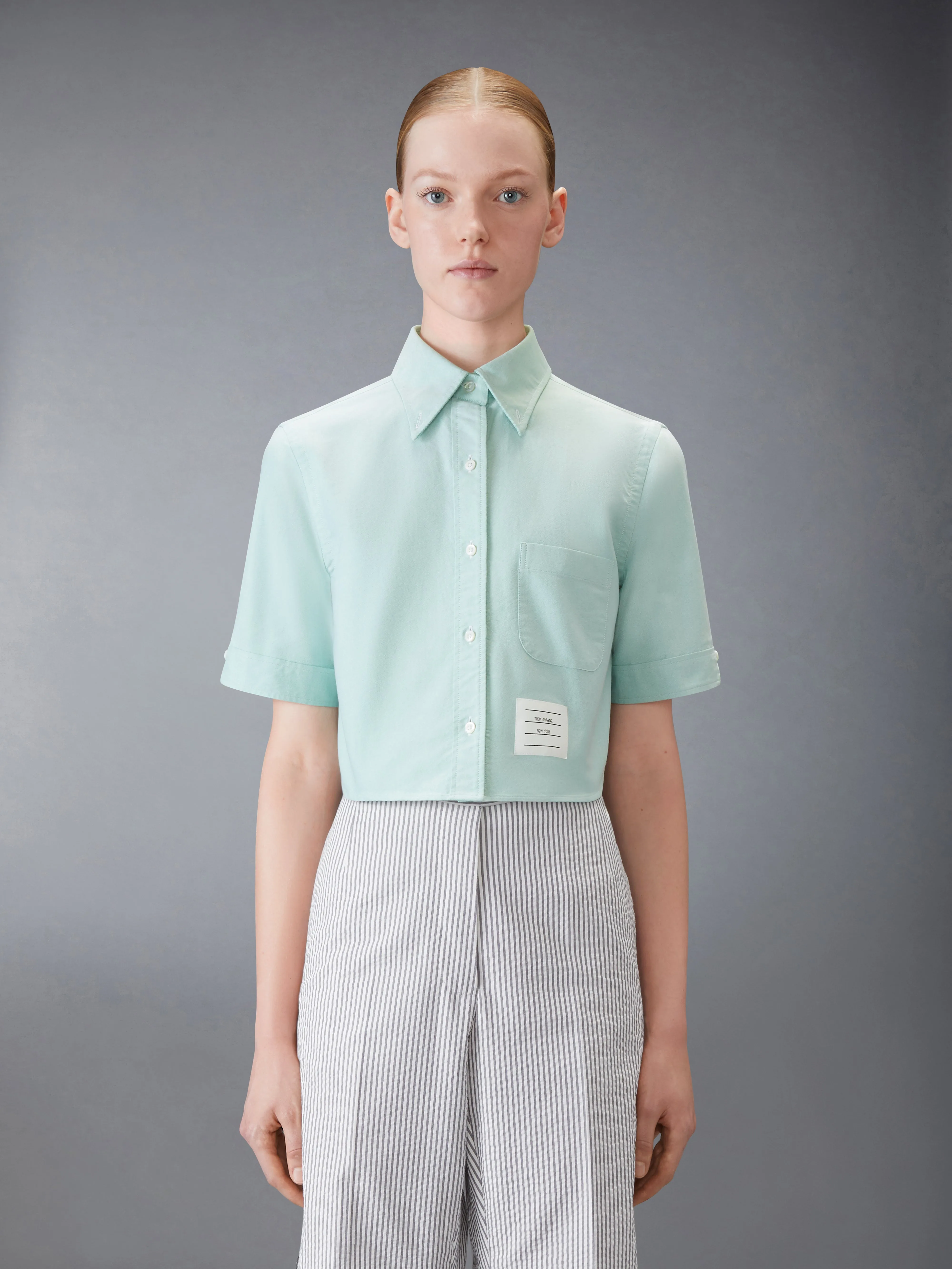 OXFORD CROPPED SHORT SLEEVE SHIRT sold by Thom Browne