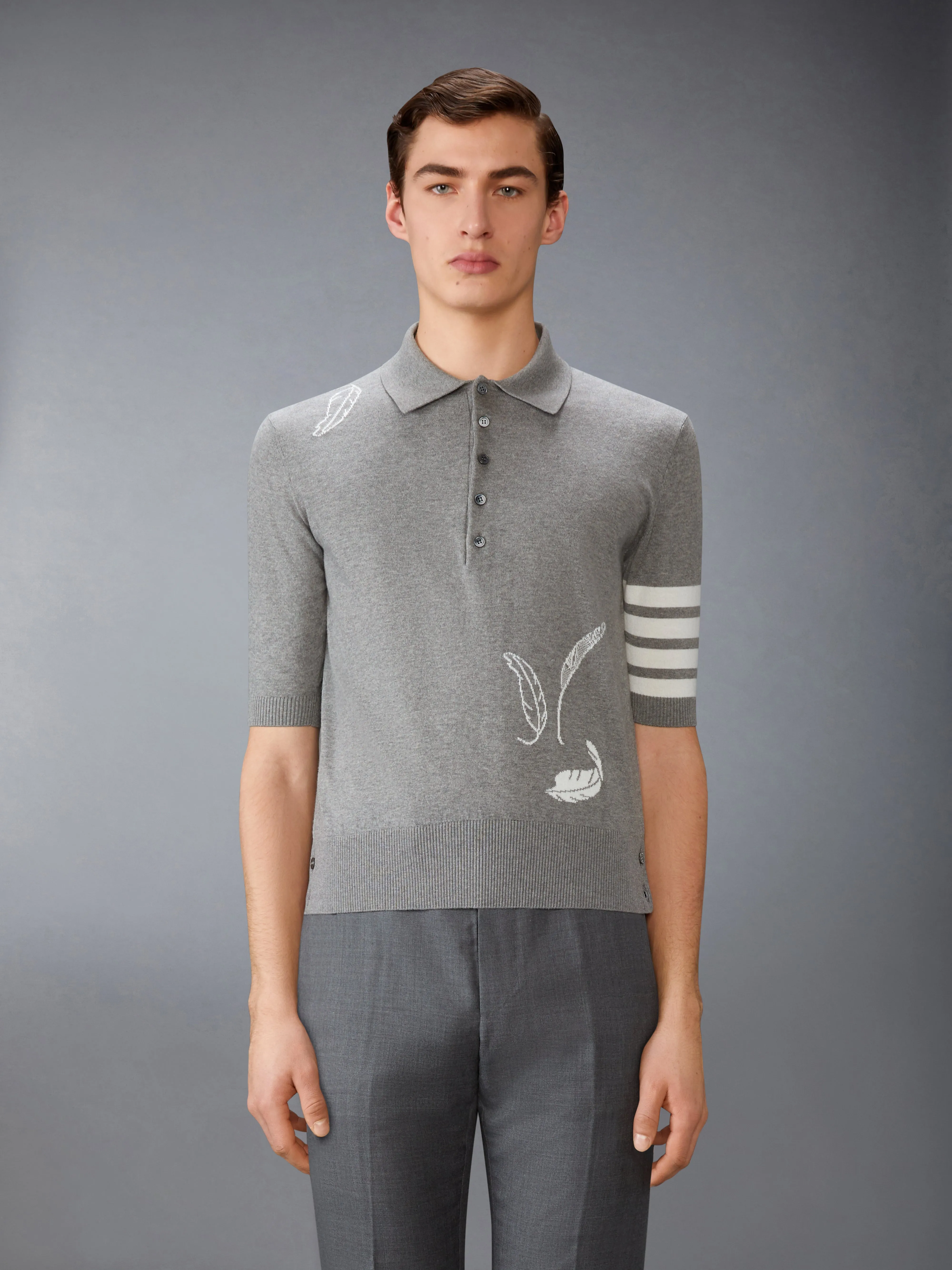 FEATHER INTARSIA 4-BAR POLO sold by Thom Browne