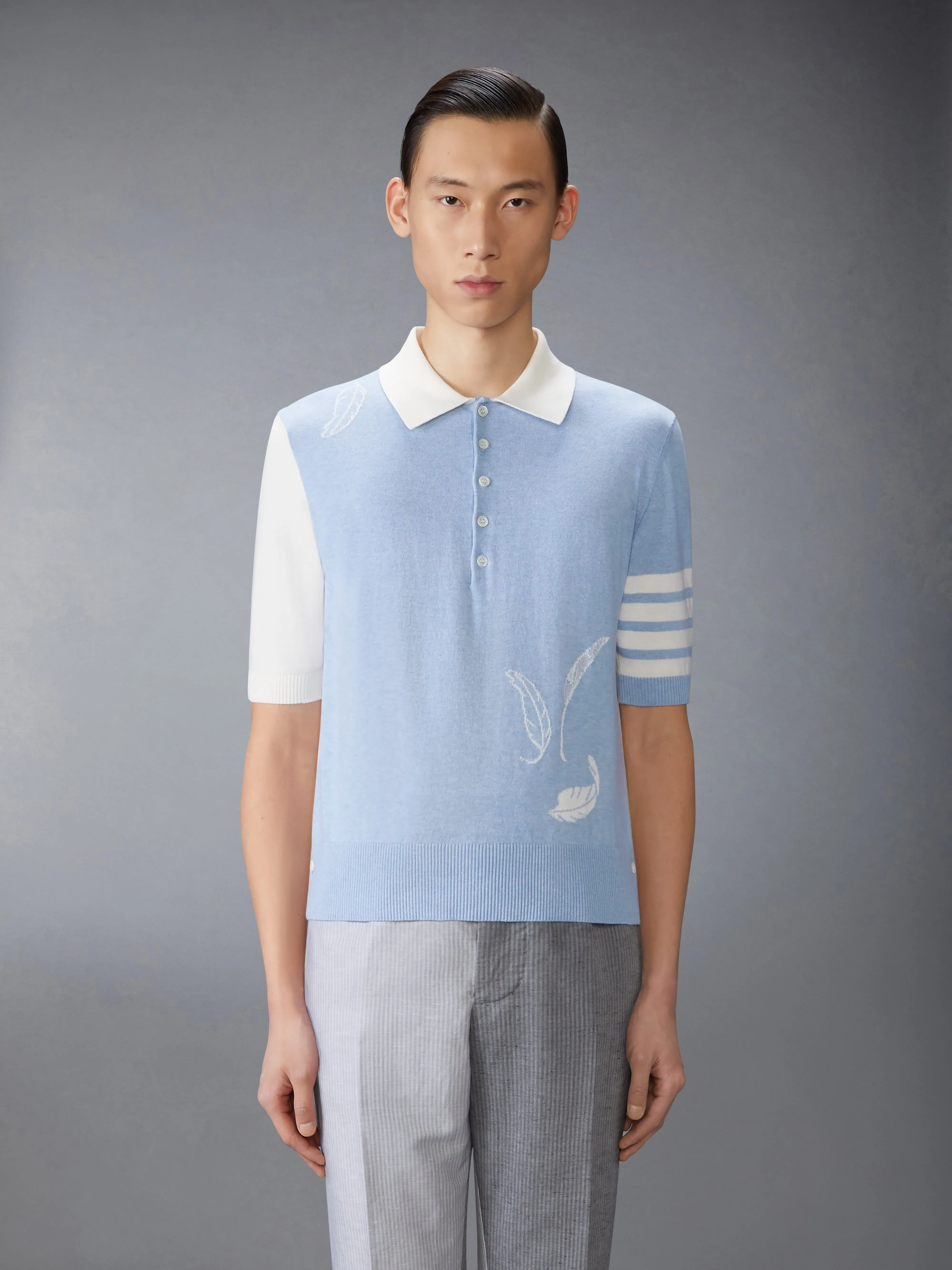 FUNMIX FEATHER INTARSIA 4-BAR POLO sold by Thom Browne