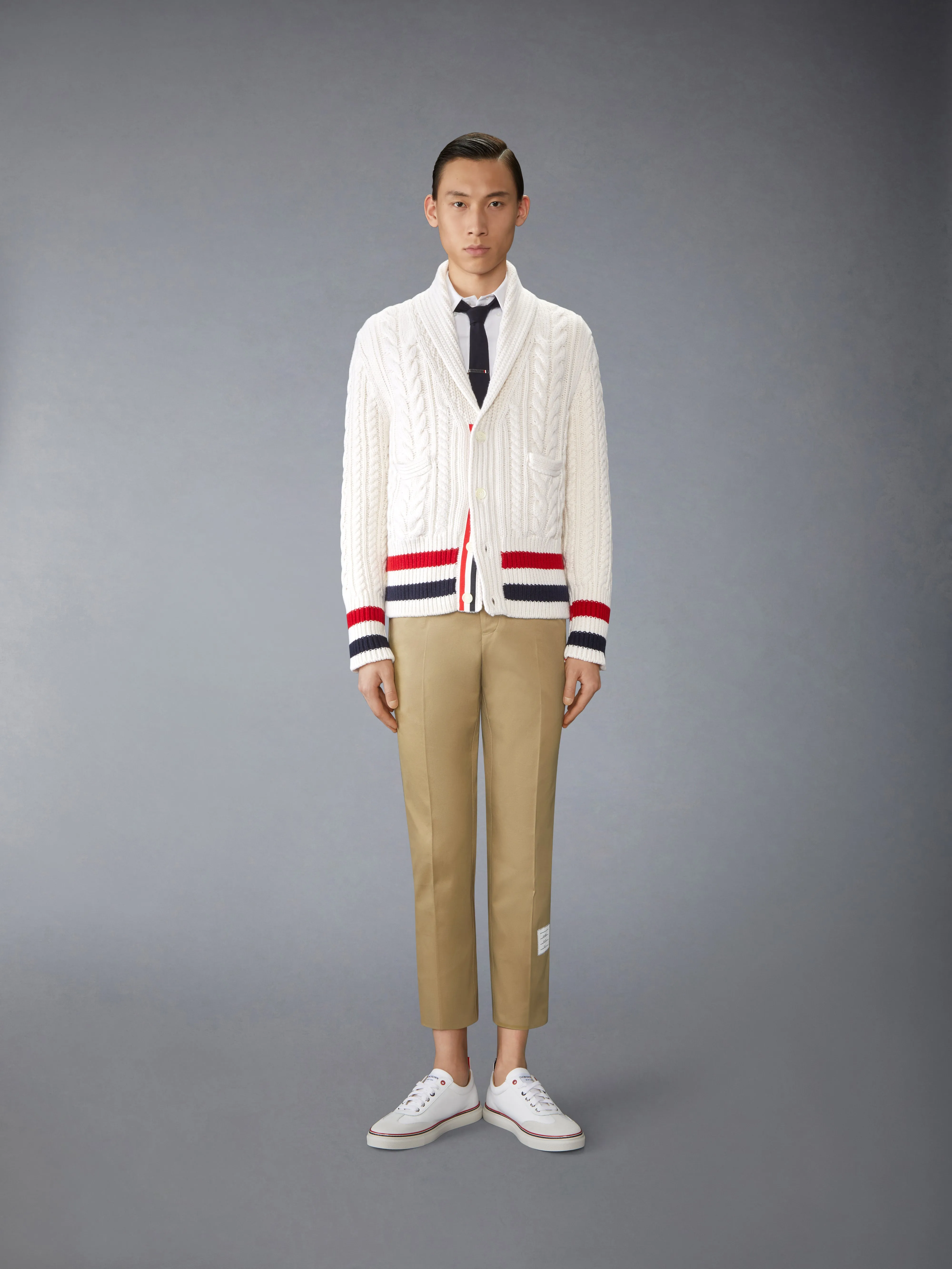 ARAN CABLE CASHMERE RWB STRIPE CARDIGAN sold by Thom Browne product image thumbnail 2