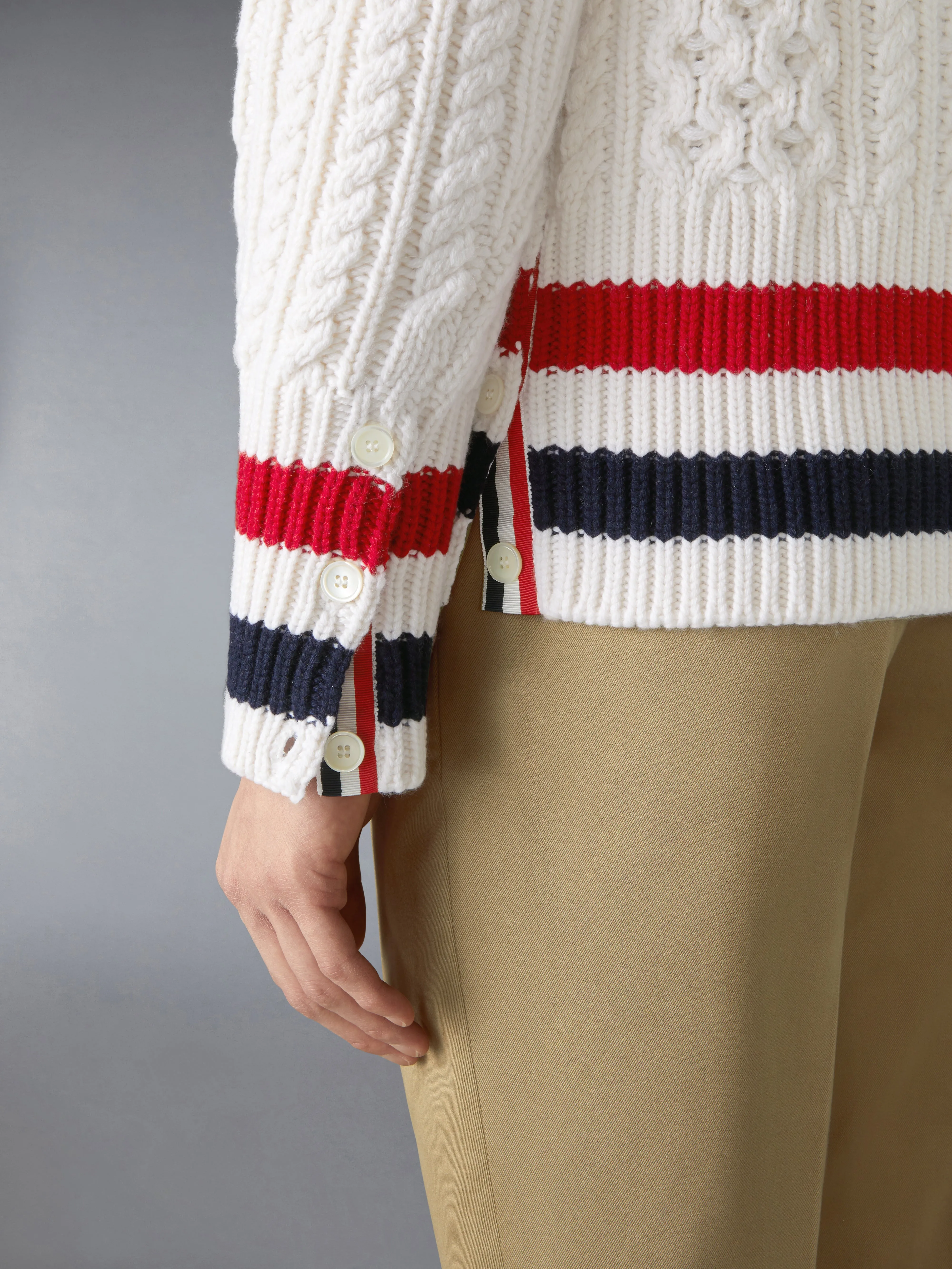 ARAN CABLE CASHMERE RWB STRIPE CARDIGAN sold by Thom Browne product image thumbnail 5