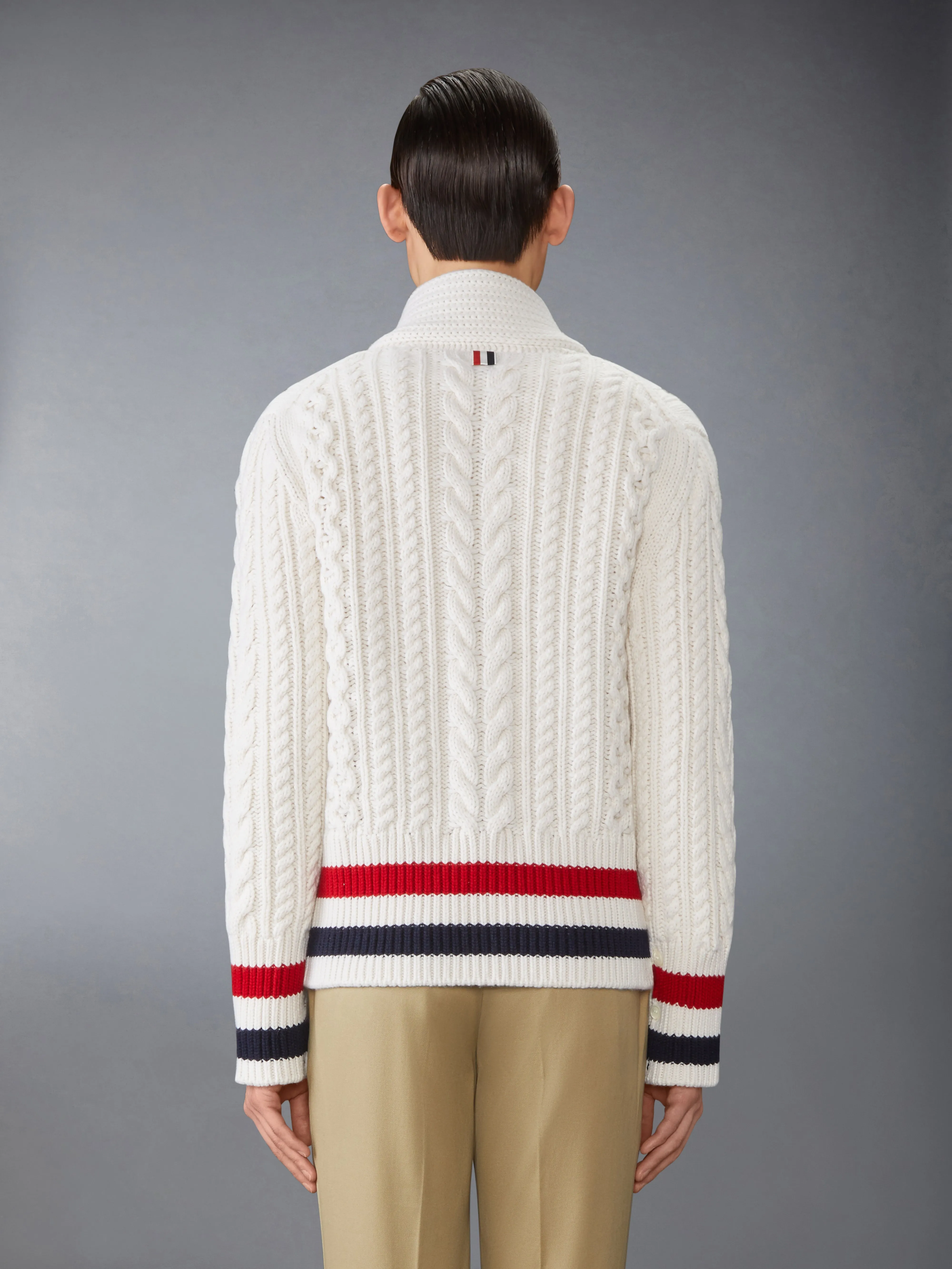 ARAN CABLE CASHMERE RWB STRIPE CARDIGAN sold by Thom Browne product image thumbnail 3