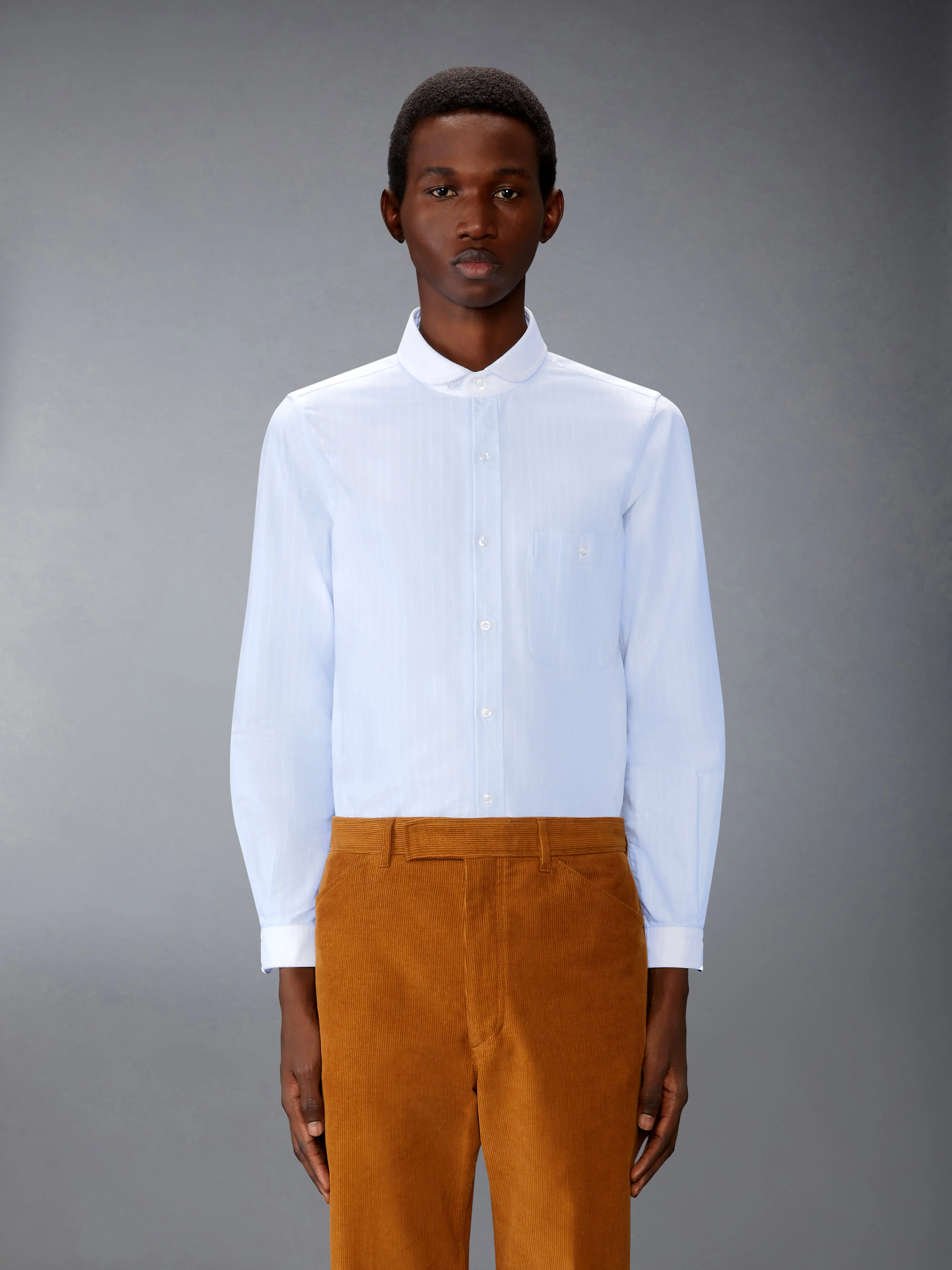 PINSTRIPE OXFORD SHAWL COLLAR SHIRT sold by Thom Browne