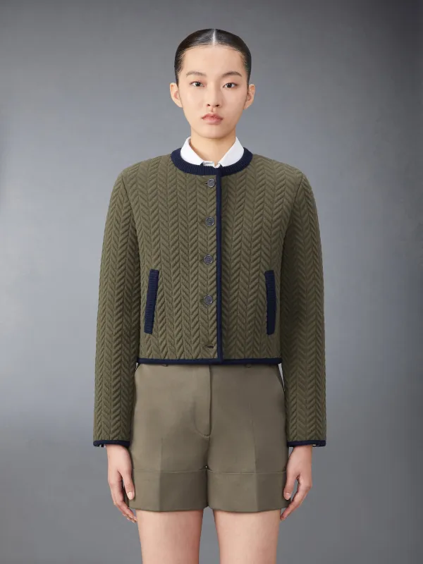 MERINO WOOL HERRINGBONE QUILTED CROPPED CARDIGAN JACKET sold by Thom Browne