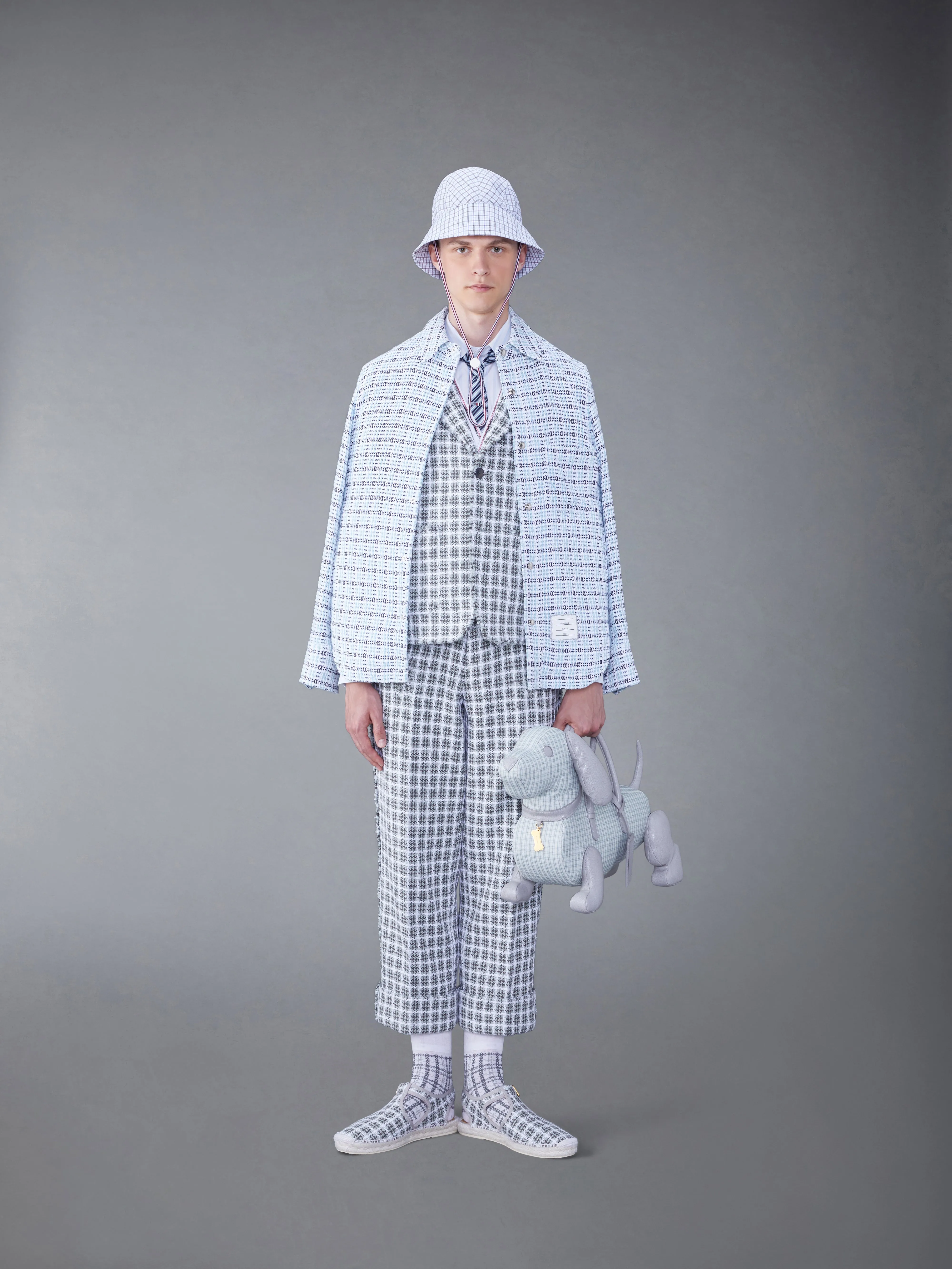 CHECK SUMMER TWEED FRAY SACK TROUSER sold by Thom Browne product image thumbnail 3