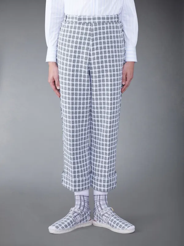 CHECK SUMMER TWEED FRAY SACK TROUSER sold by Thom Browne