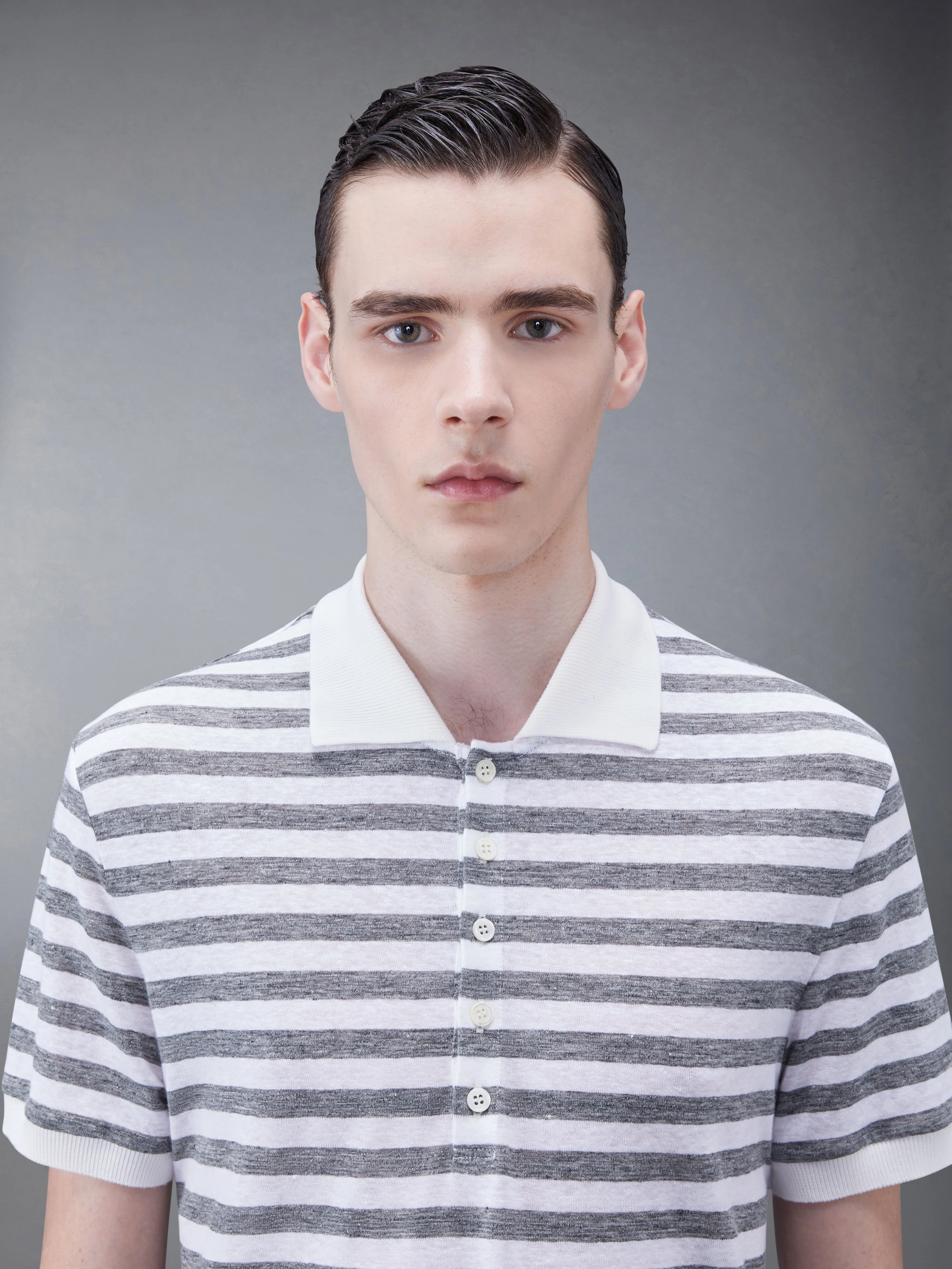 LINEN JERSEY SHORT SLEEVE STRIPED POLO sold by Thom Browne product image thumbnail 4
