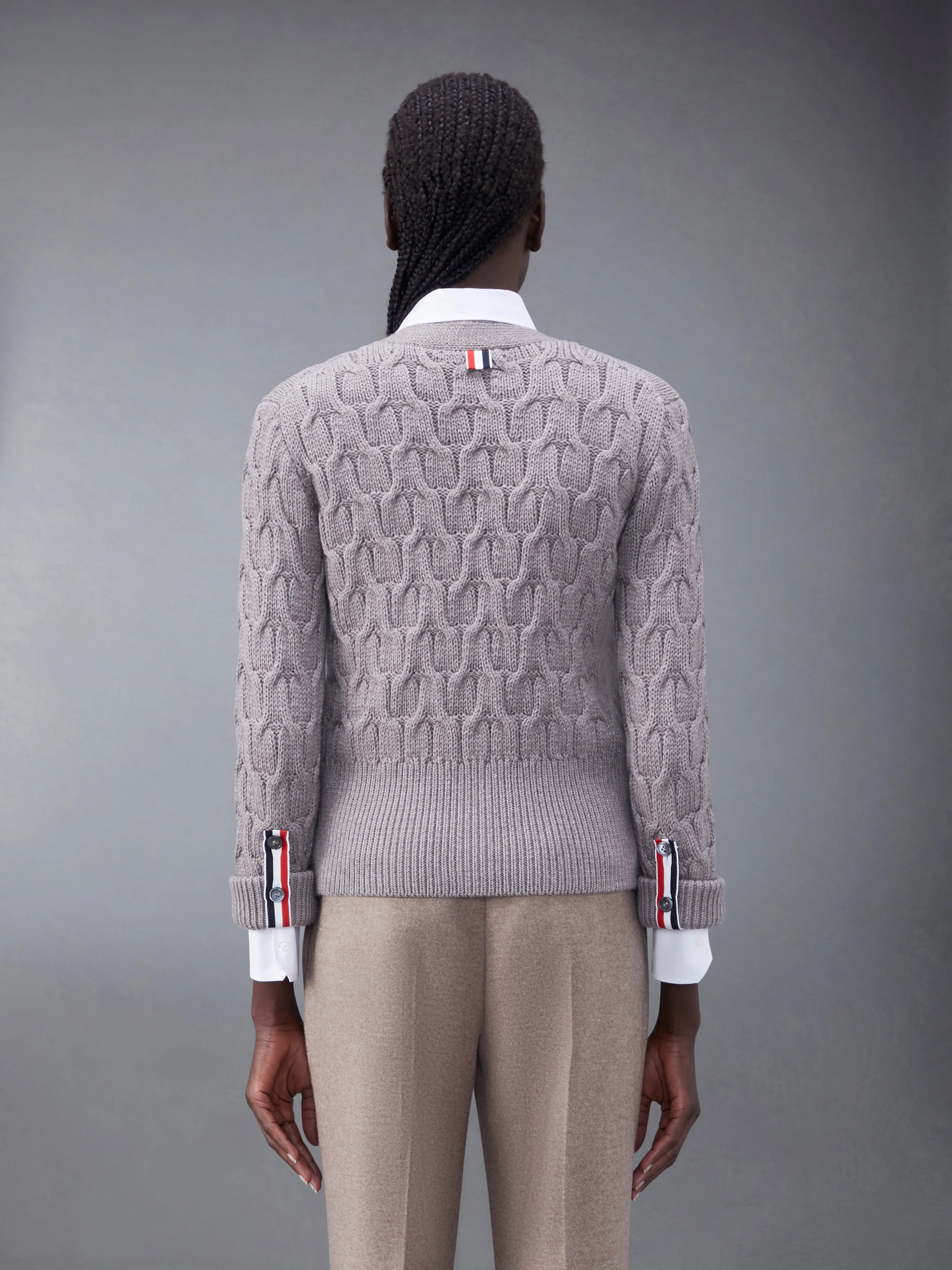 Merino Crisscross Cable Roll Cuff 3/4 Sleeve V-Neck Cardigan sold by Thom Browne product image thumbnail 2