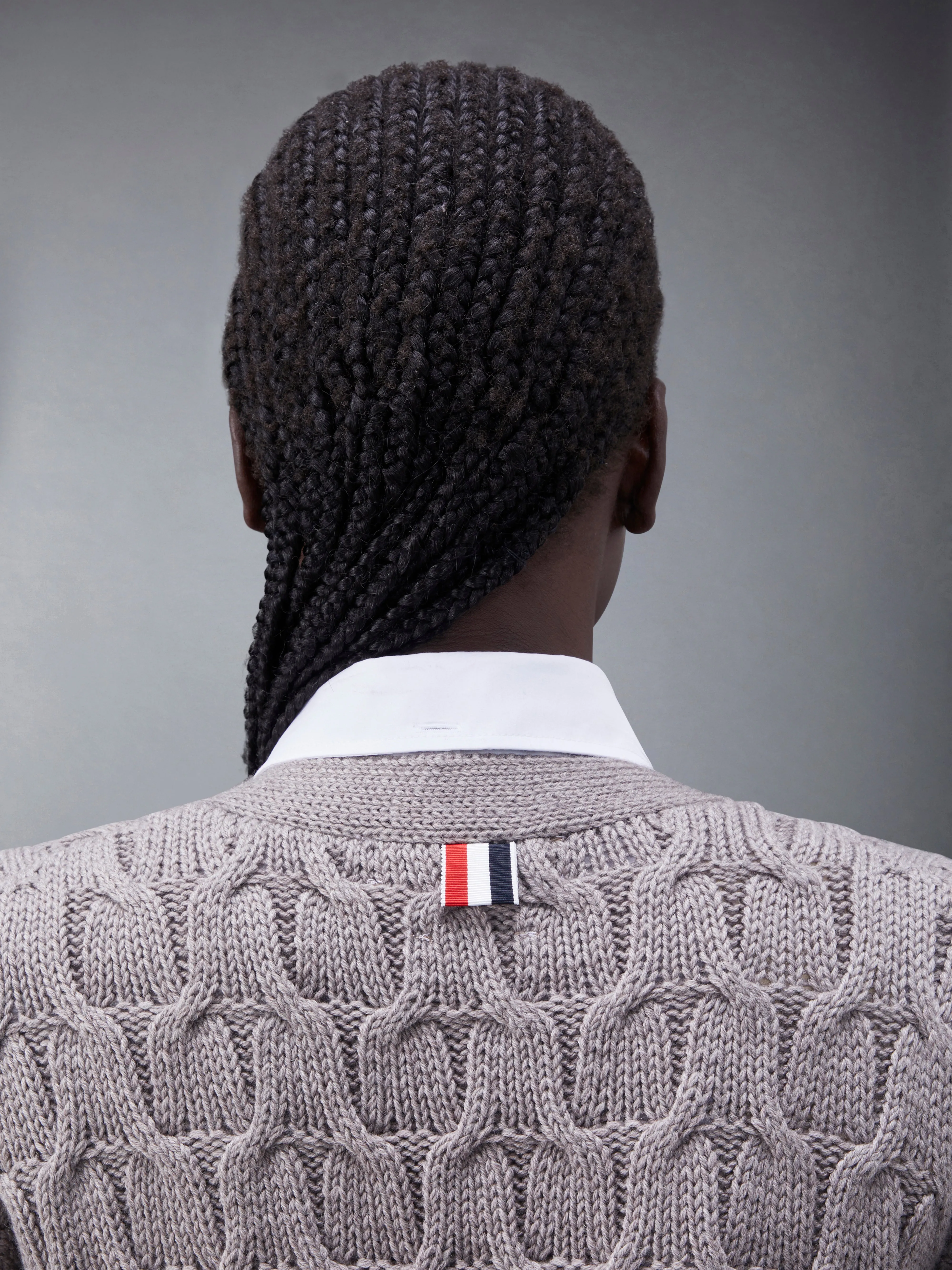 Merino Crisscross Cable Roll Cuff 3/4 Sleeve V-Neck Cardigan sold by Thom Browne product image thumbnail 4