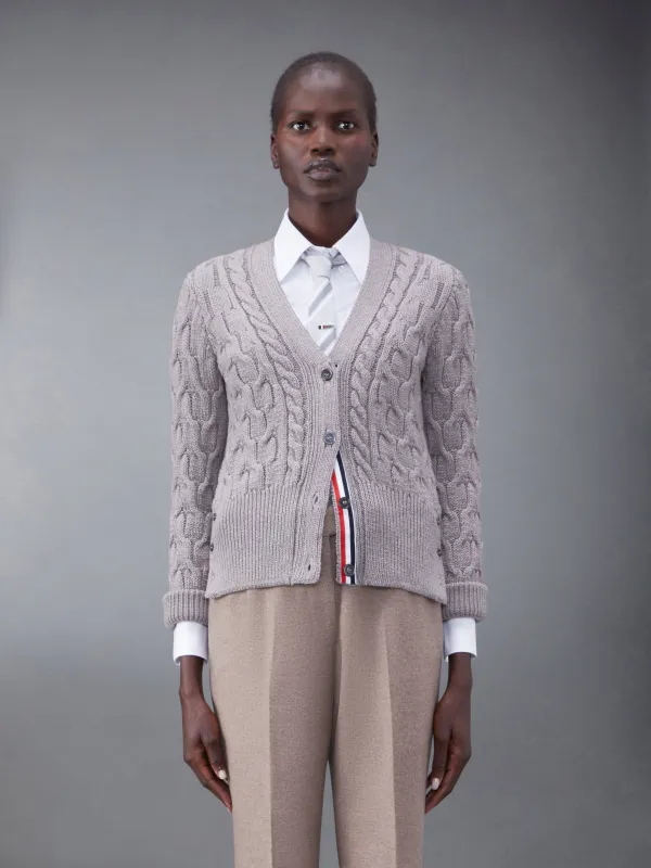 Merino Crisscross Cable Roll Cuff 3/4 Sleeve V-Neck Cardigan made by Thom Browne