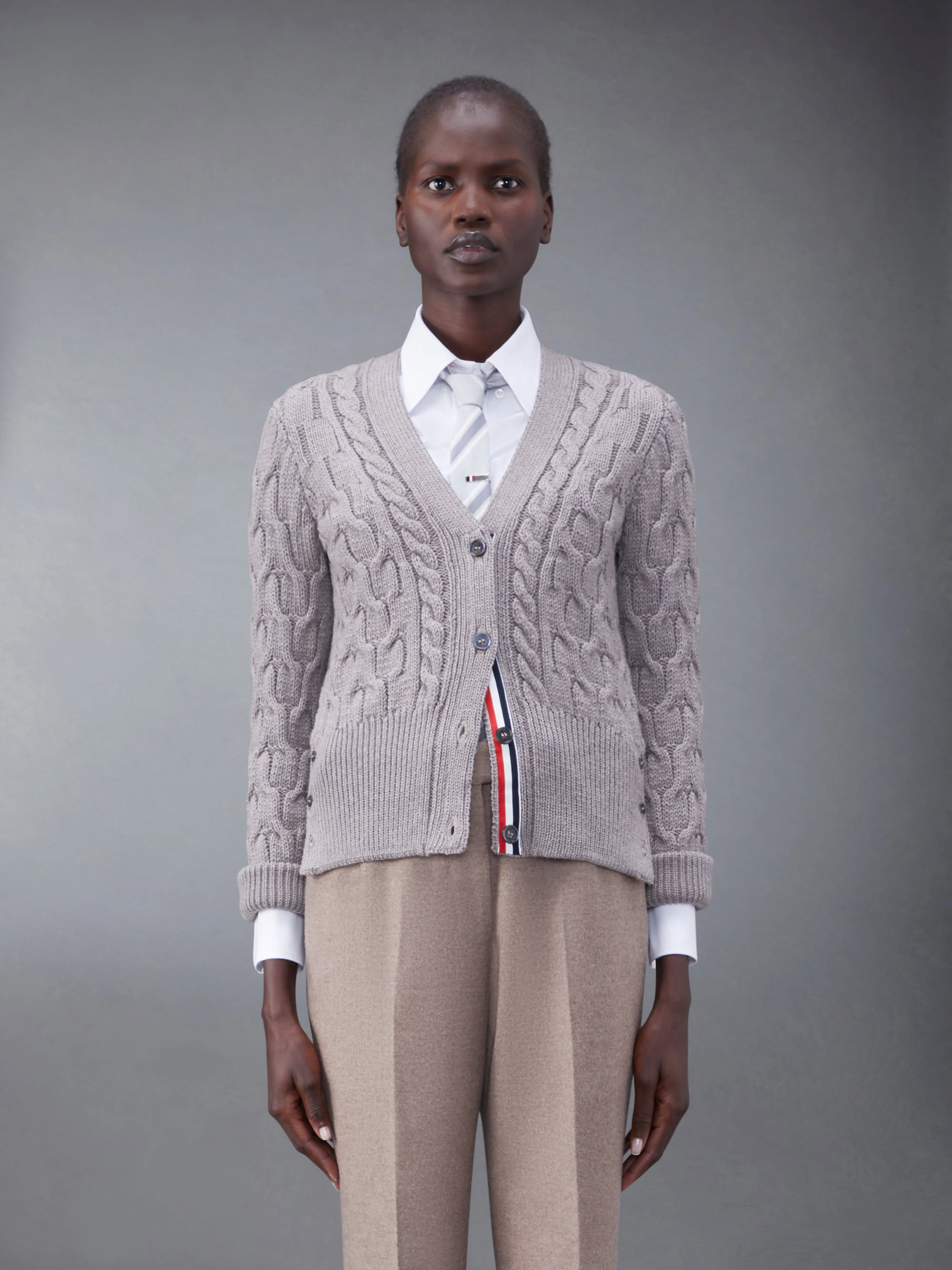 Merino Crisscross Cable Roll Cuff 3/4 Sleeve V-Neck Cardigan sold by Thom Browne