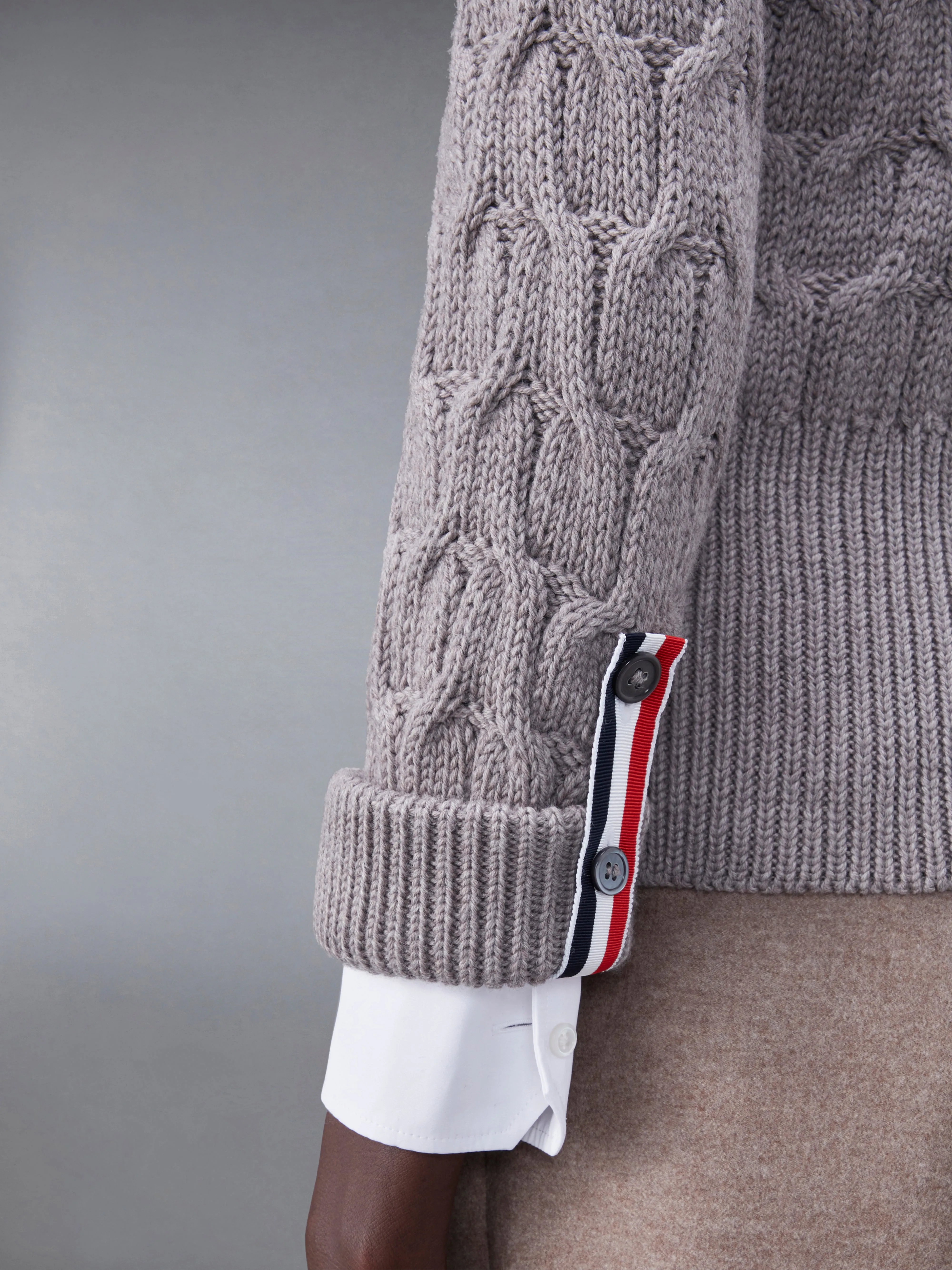 Merino Crisscross Cable Roll Cuff 3/4 Sleeve V-Neck Cardigan sold by Thom Browne product image thumbnail 5