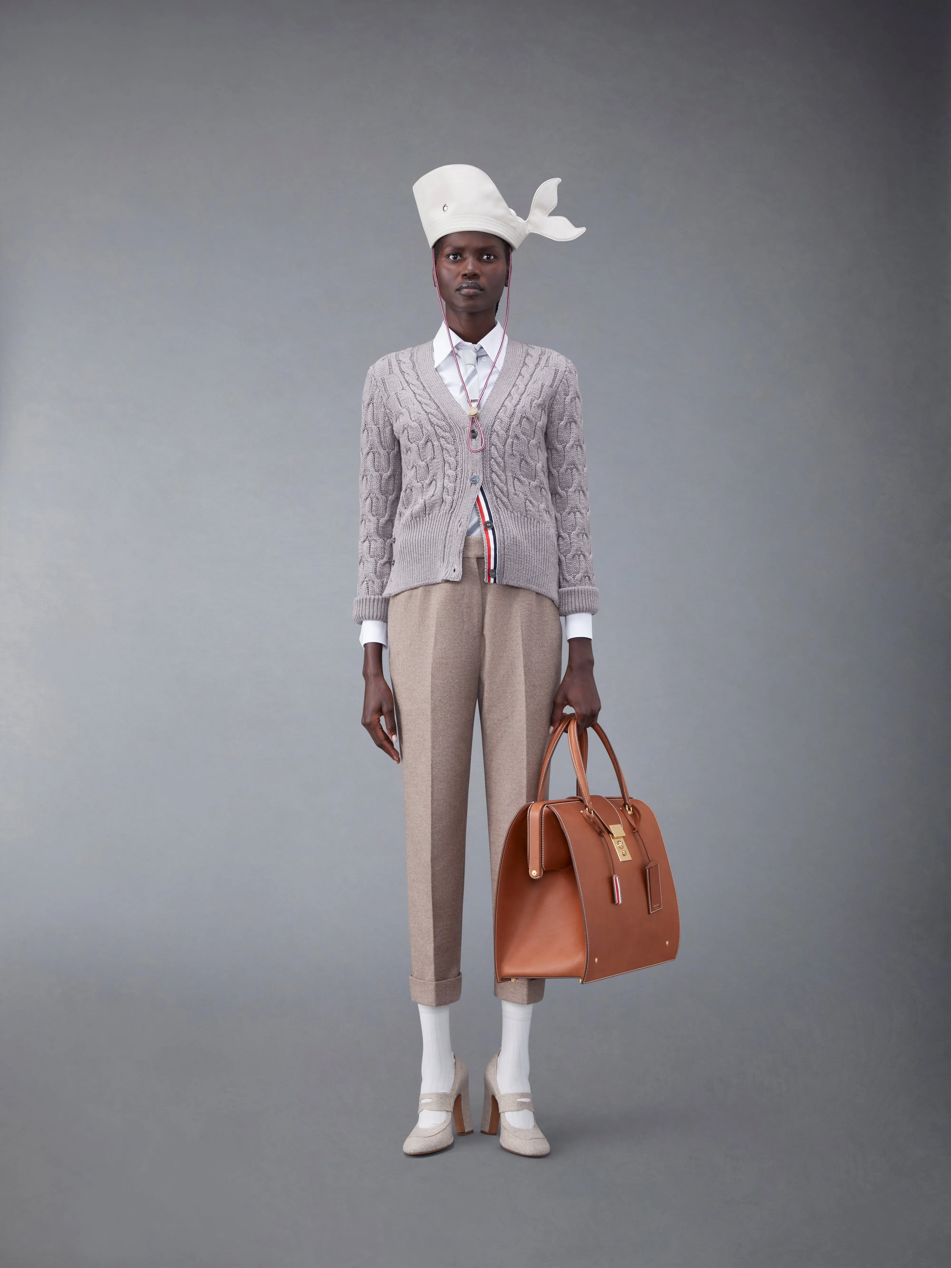 Merino Crisscross Cable Roll Cuff 3/4 Sleeve V-Neck Cardigan sold by Thom Browne product image thumbnail 3