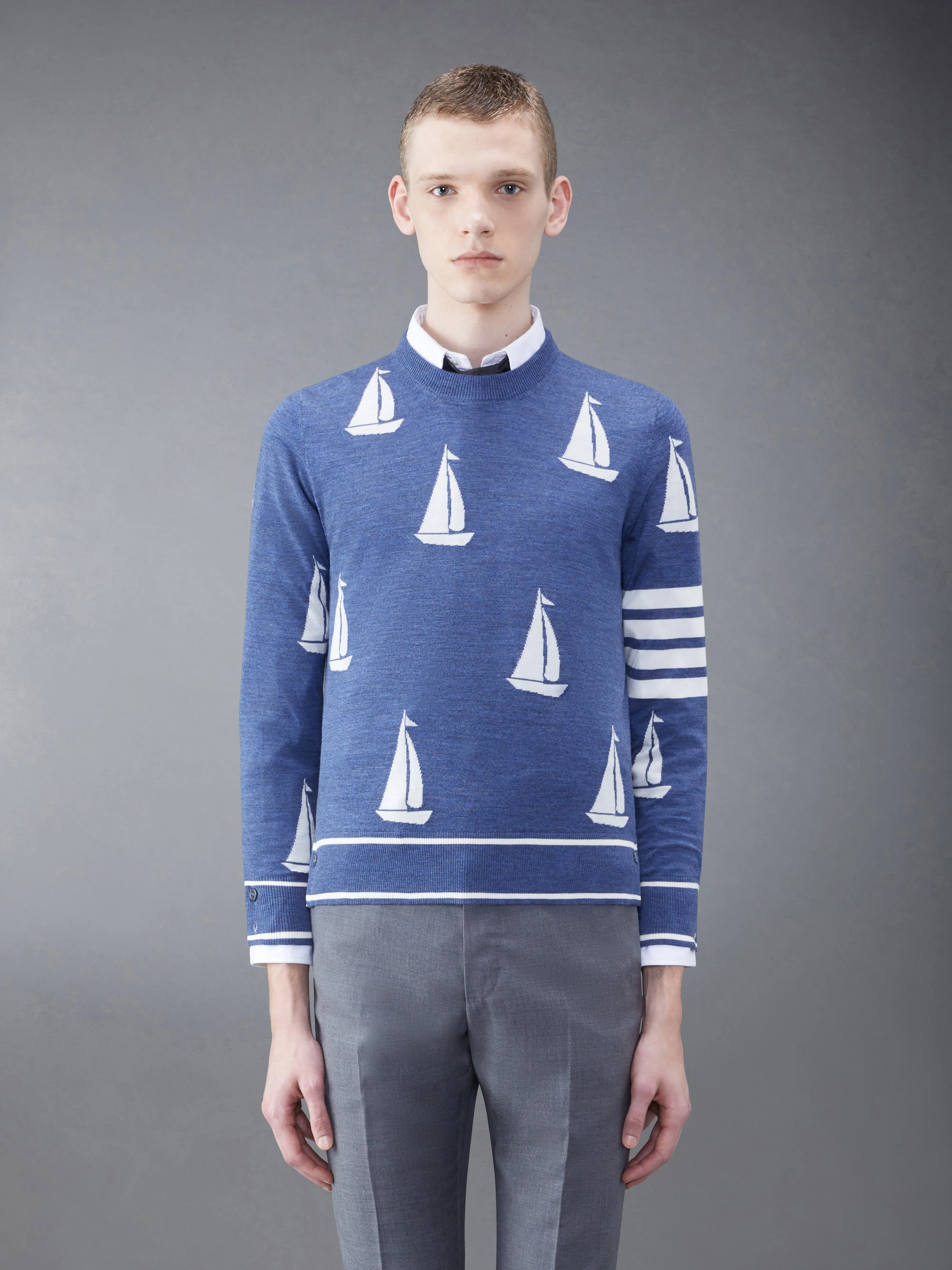 Merino Sailboat 4-bar Crew Neck Pullover sold by Thom Browne
