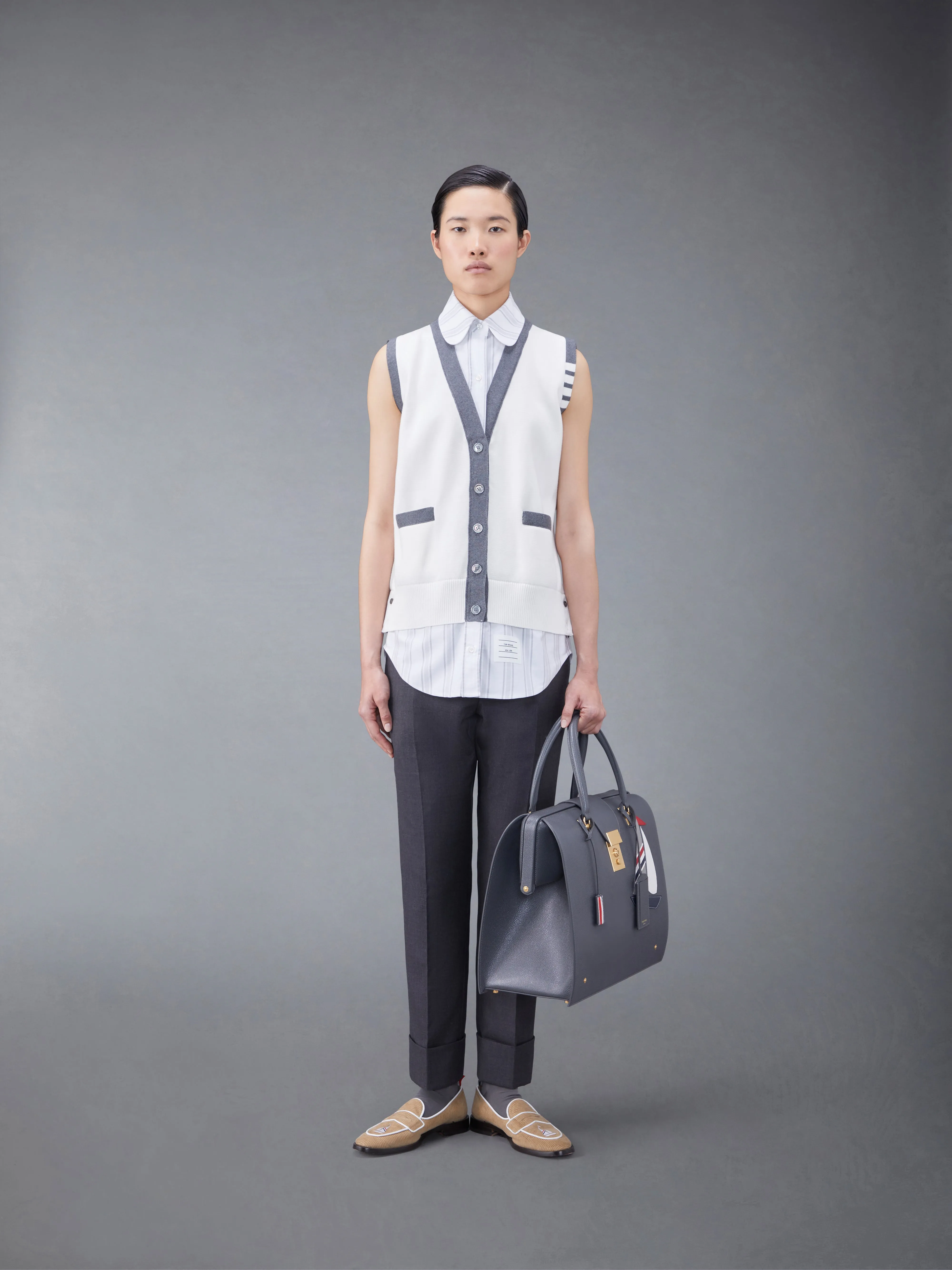 Cotton Milano and Oxford 4-Bar V-Neck Cardigan Vest Shirt Combo sold by Thom Browne product image thumbnail 3