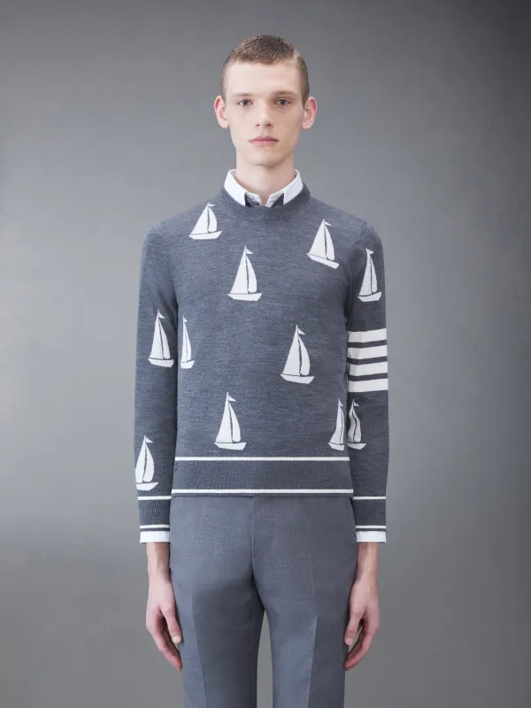 Merino Sailboat 4-bar Crew Neck Pullover sold by Thom Browne